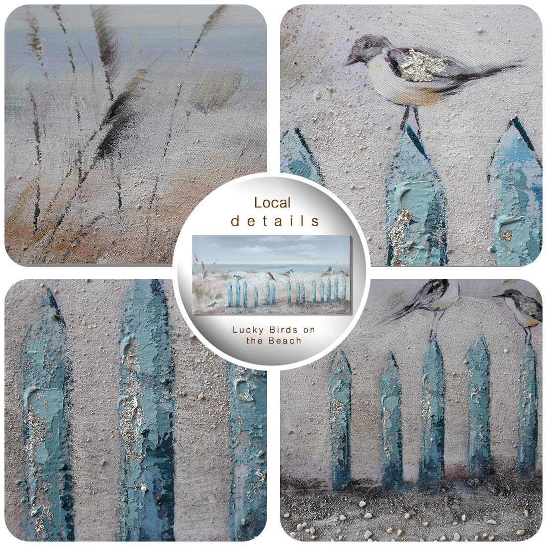 Ocean Beach Wall Art 3D Framed Hand-Painted Seascape Oil Painting Perching Bird Canvas Artwork 'The Tranquility by The Sea Shore' for Living Room Bedroom D?or Coastal Blue 16x32inch