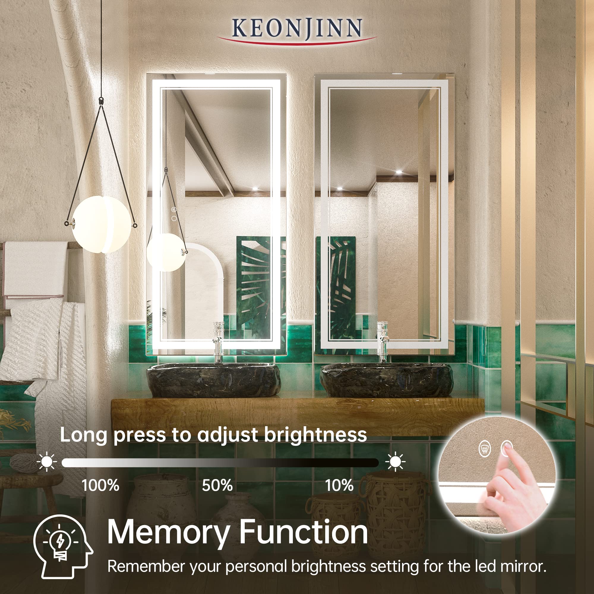 Keonjinn 48 x 24 Inch LED Bathroom Mirror  Lighted Bathroom Mirror with Lights  LED Vanity Mirror  Wall Mounted Anti-Fog Dimmable Frameless Front Light Makeup Mirror  IP54  6000K (Horizontal/Vertical)