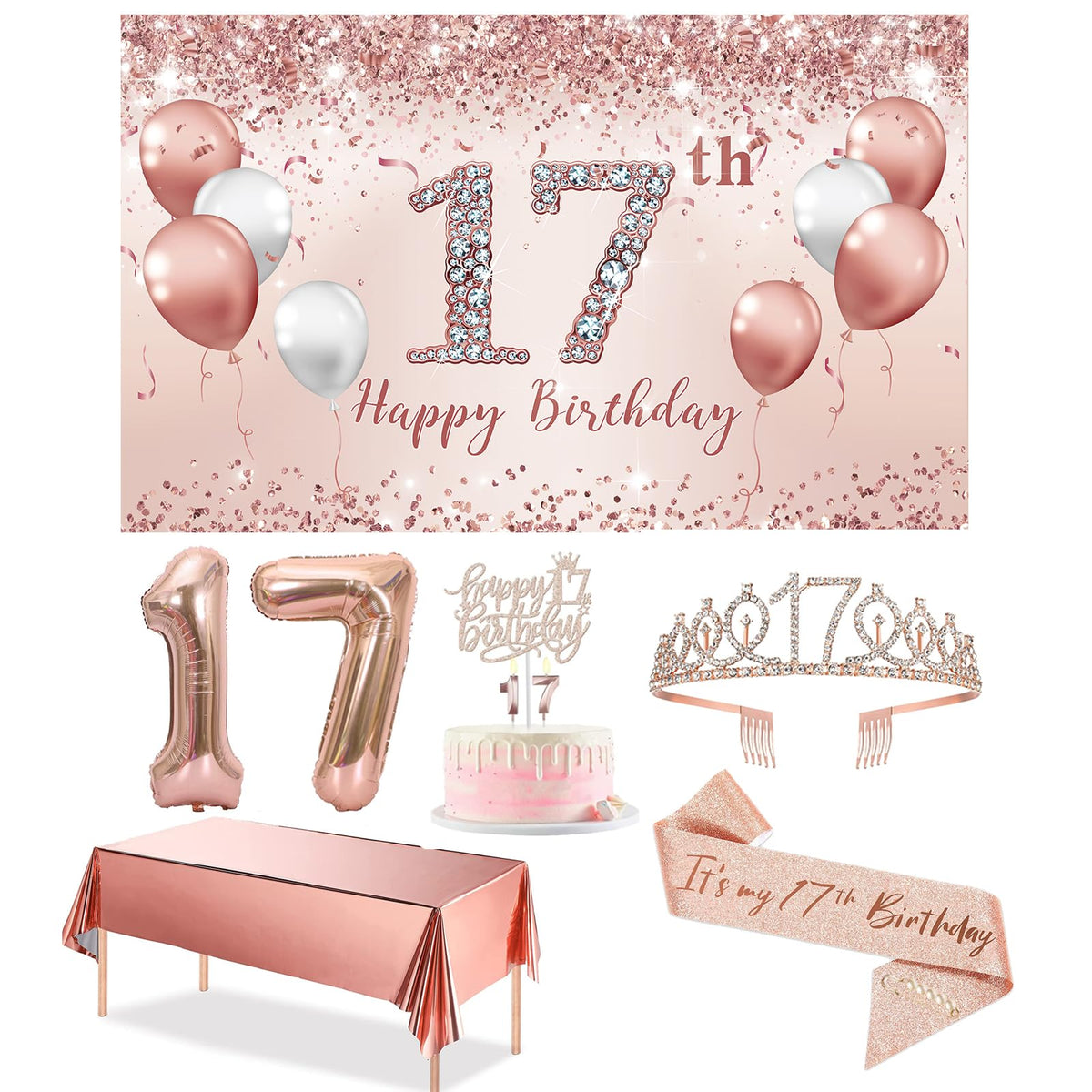 Trgowaul 17Th Birthday Decorations For Girls, Rose Gold 17 Birthday Banner, Tablecloth, 17Th Birthday Sash And Crown, 1Pc 17Th C