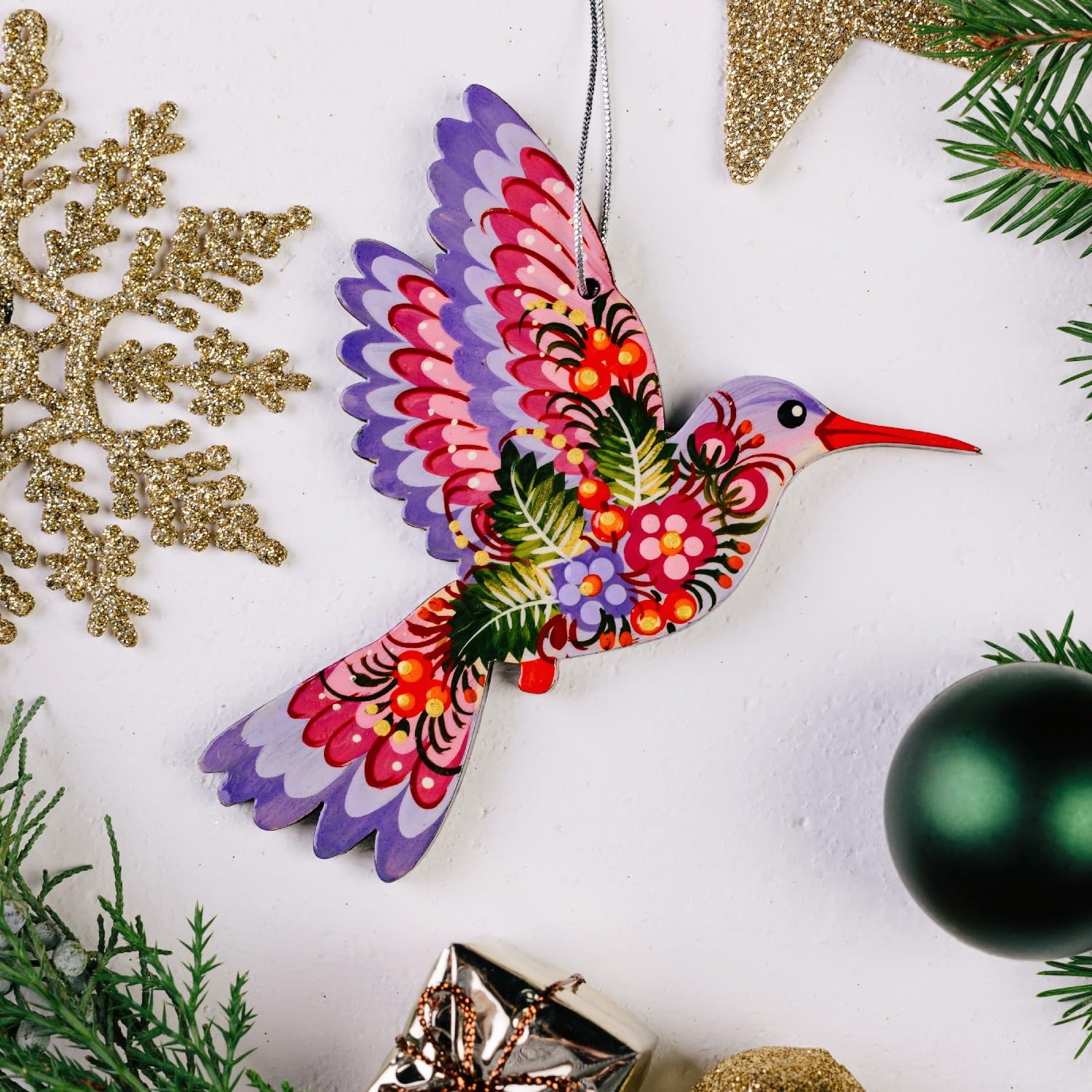 Wooden Christmas Ornament Hummingbird 4,7 ? 4 ? 0,2 Inch - Hand-Painted Ukrainian Folk Art - Petrykivka Painting
