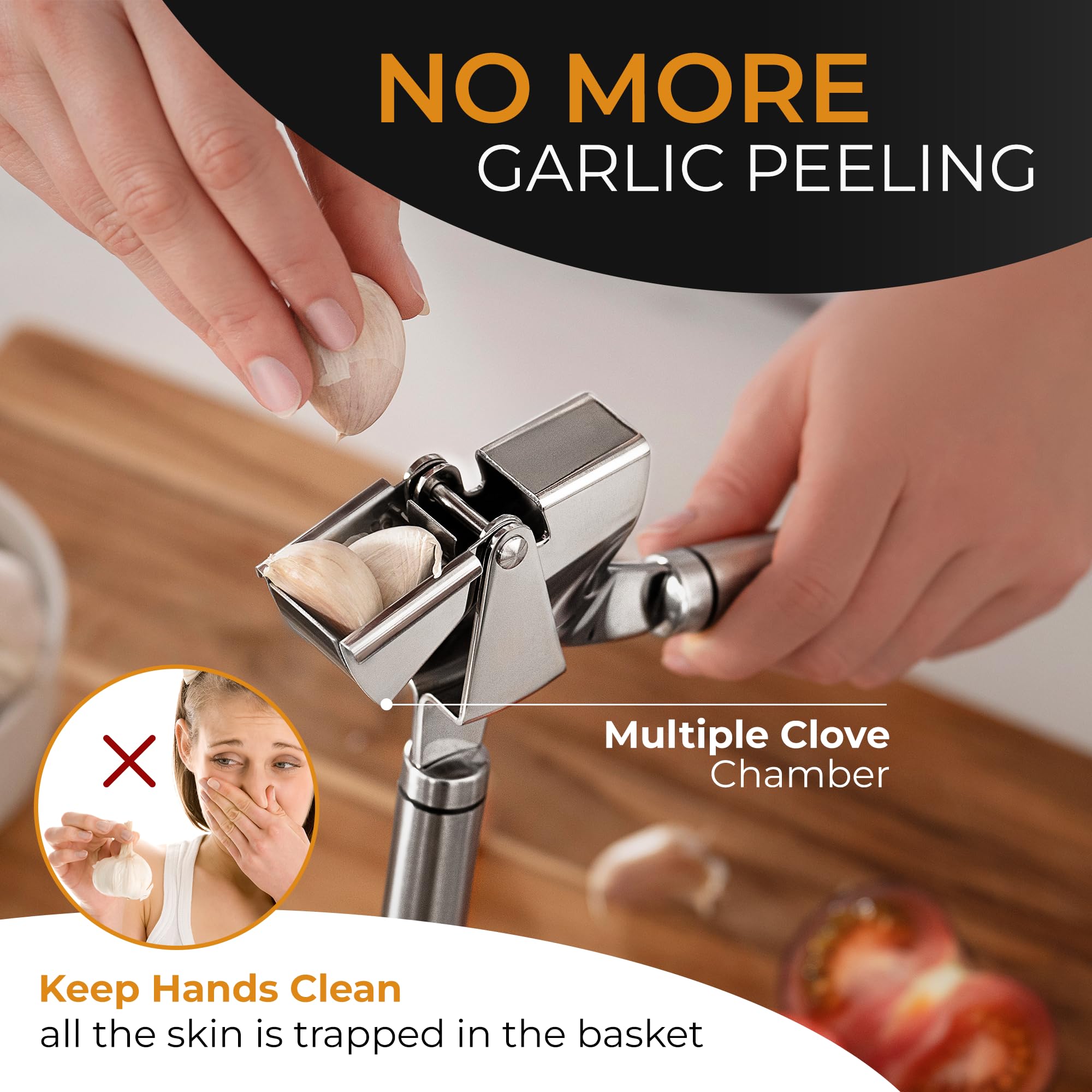 Orblue Garlic Press Stainless Steel - Premium Professional Grade Garlic Mincer, Crusher & Peeler Set - Easy Clean, Dishwasher Sa