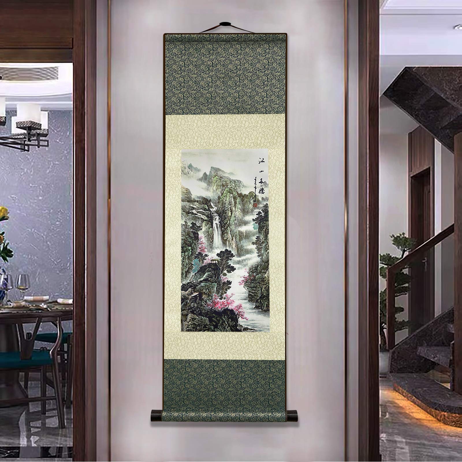 AtfArt Asian Wall Decor Beautiful Silk Scroll Painting Jiangshan Duojiao - Our land is rich in beauty Oriental Decor Chinese Art Wall Scroll Wall Hanging Painting Scroll (39 x 12 in)