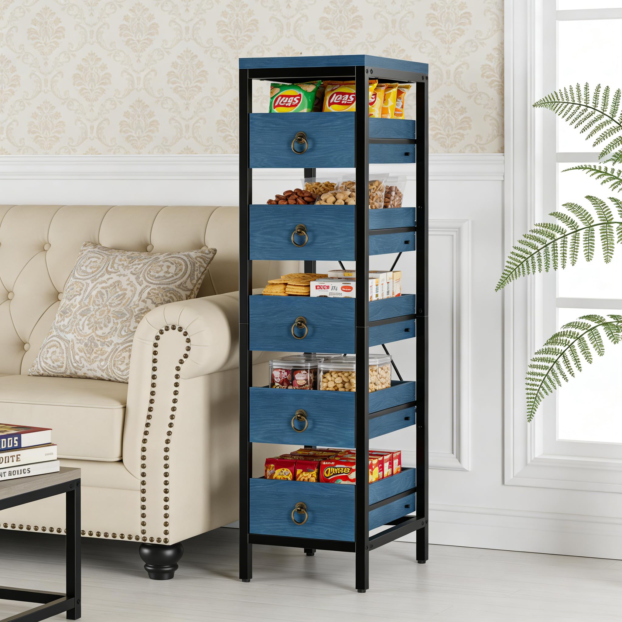 Garvee Kitchen Fruit Vegetable Storage Rack, 5-Tier Narrow Snack Fruit Display Stand with 5 Pull-Out Drawers Basket, Utility Org