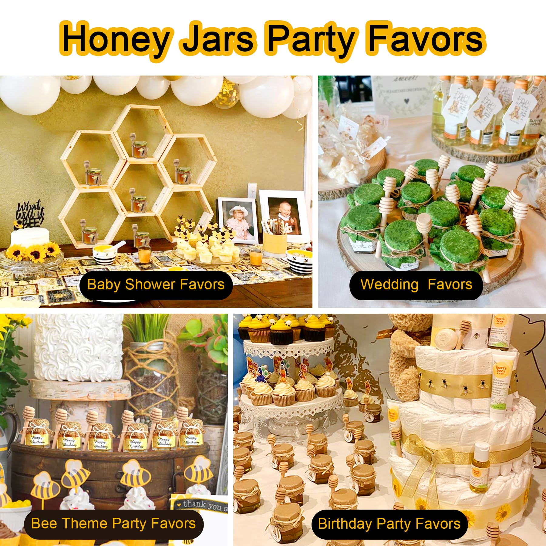 Aliggbent Honey Jars,48 Pack Mini Jars Party Favors In Bulk, 1.5 Oz Hexagon Small Glass With Dipper, Gold Lids, Cute Bee Pendant