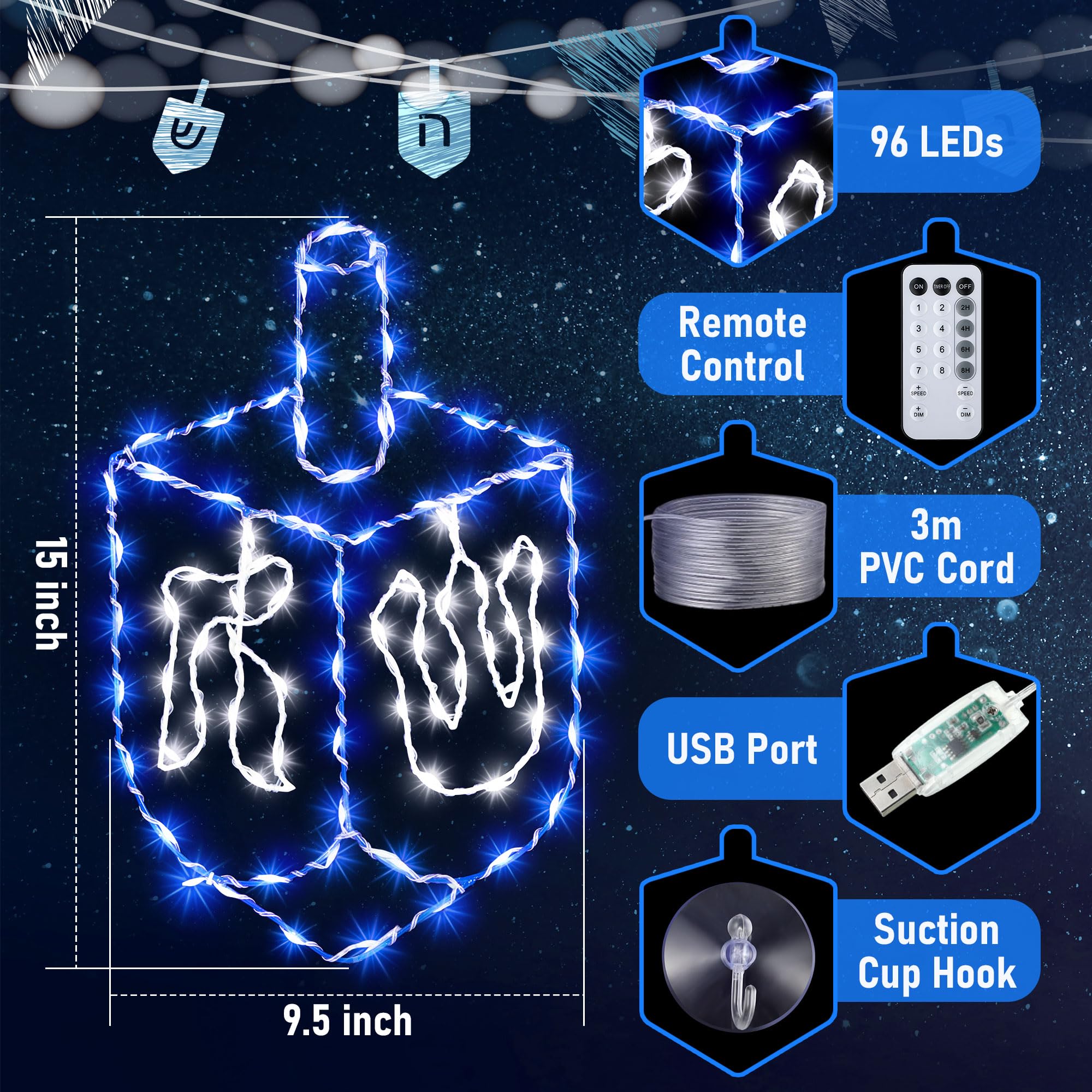 Hiboom Hanukkah Decorations Window Lights, Blue Chanukah Dreidel Lights Decorations, USB Powered Remote Control 8 Modes with Tim