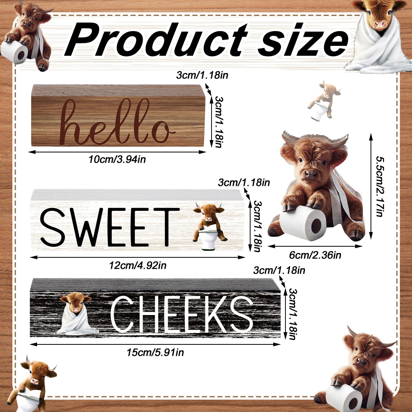 Cinnvoice 4 Pcs Christmas Highland Cow Bathroom Decor Farmhouse Bathroom Decoration Western Hello Sweet Cheeks Table Centerpiece