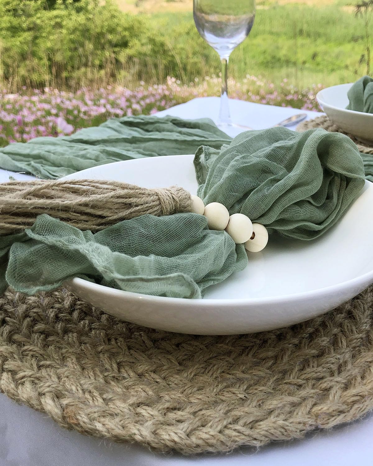 Fusenyuan Sage Green Cheesecloth Table Runner 10Ft +6 Napkins +6 Wood Bead Napkin Rings Rustic Gauze Sheer Table Runner Sets For