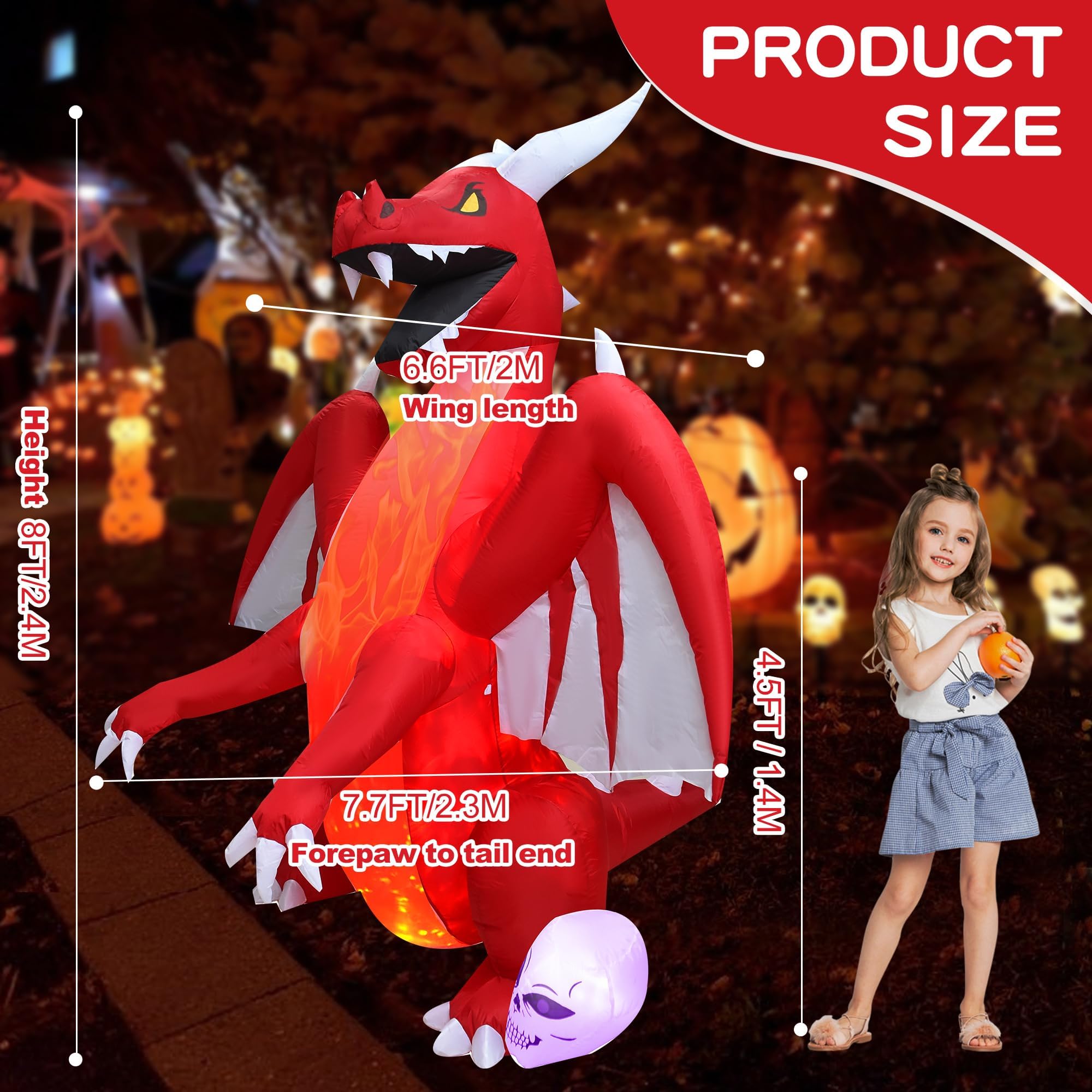 DearSun 8FT H Halloween Inflatable Dragon with Skull Next to The Foot, Blow up Dragon Inflatable with Red Flame lamp Inside Outd