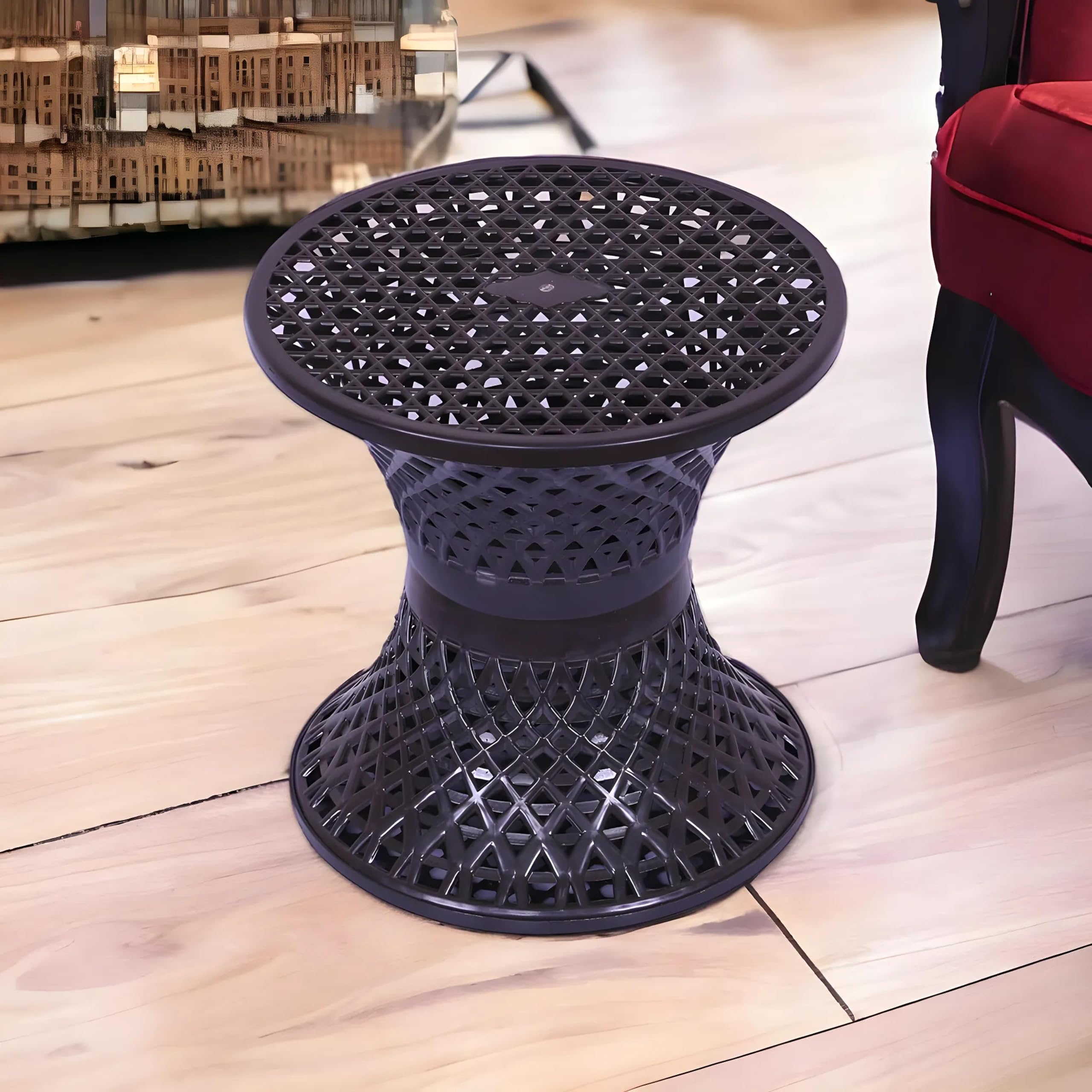 Kuber Industries 1 Pcs Plastic Seating Stool | Both Sided Mesh Damroo Style Stool For Graden, Balcony, Kitchen | Brown