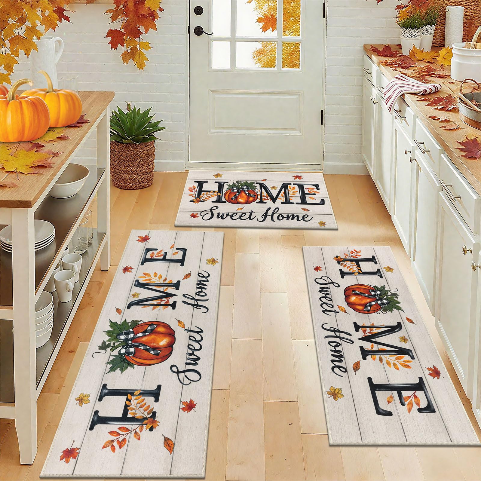 U Artlines Fall Pumpkin&Home Kitchen Rugs with Runner Sets 3 Piece Farmhouse Seasonal Harvest Holiday Party Rugs and Mats Non S
