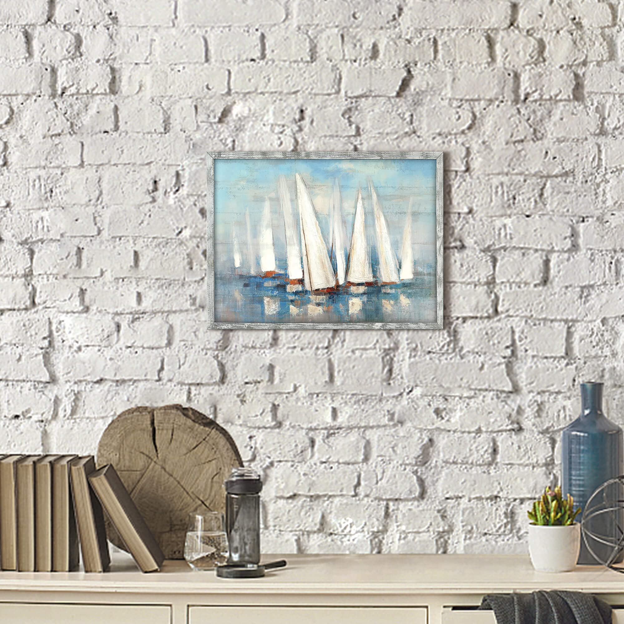 Seascape Framed Painting Wall Art: Abstract Ocean Artwork Coastal Picture Sailboat Prints On Wood In Modern Style For Home Decor