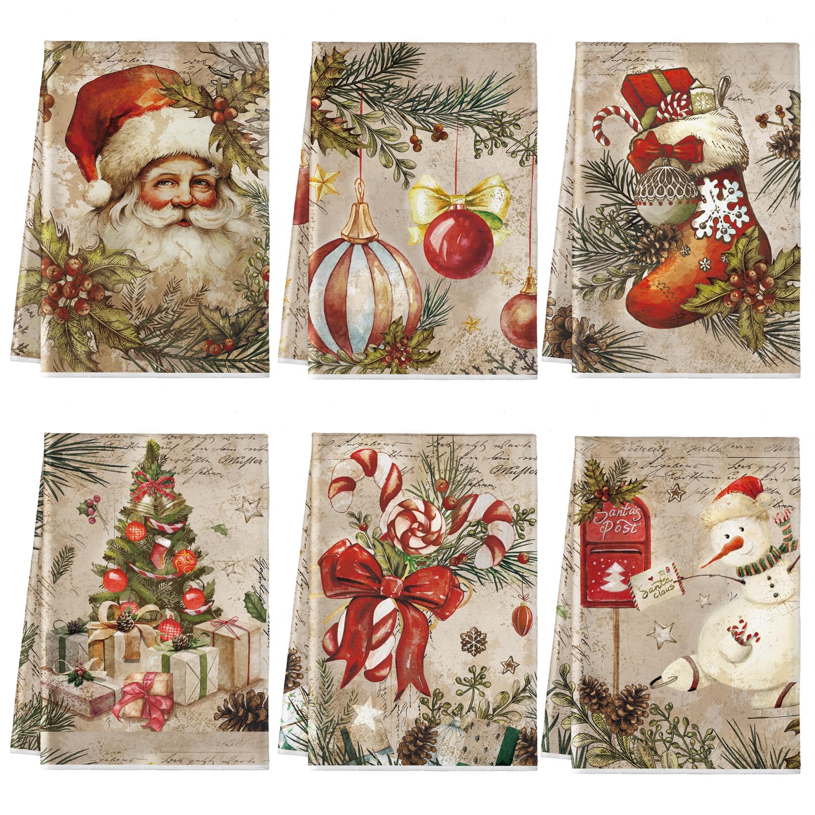 Hosuly 6 Pcs Christmas Kitchen Towels Vintage Santa Dish Cloth Christmas Farmhouse Tea Towels Santa Snowman Sock Ball Xmas Tree 
