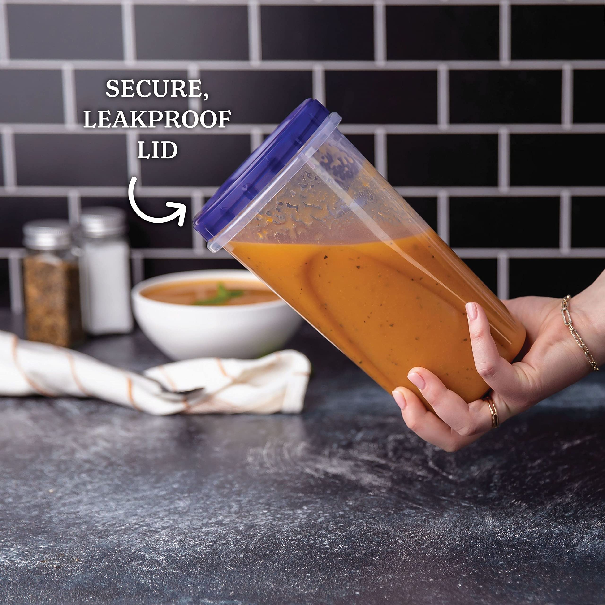 Plasticpro [48 Oz 4 Pack] Twist Top Deli Containers Clear Bottom With Blue Top Twist On Lids Reusable, Stackable, Food Storage F