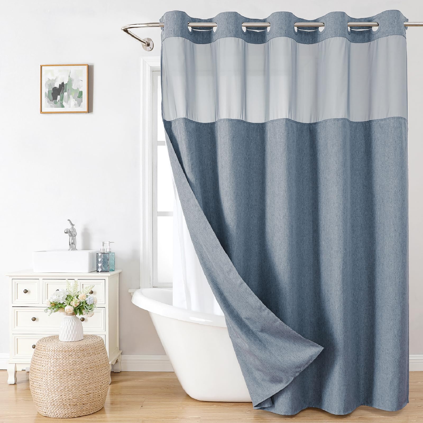Eachope No Hooks Needed Linen Textured Shower Curtain With Snap-In Fabric Liner Set,Blue Grey Hotel Luxury Decor Shower Curtains