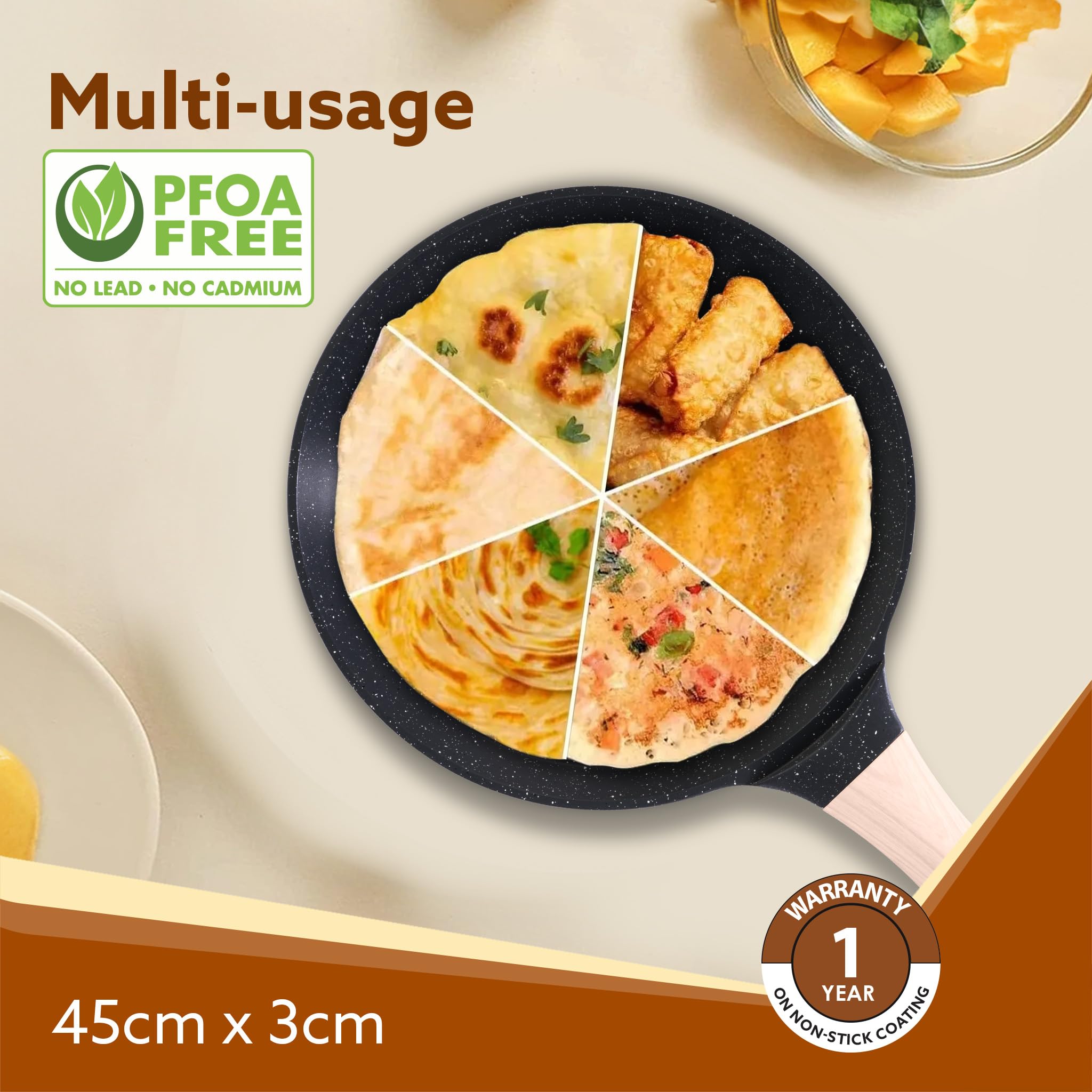 AGARO Imperial Granite Non Stick Tawa, 24cm, Cast Aluminium Body, Dosa, Roti, Paratha, Omlette, Gas & Induction Compatible, Dark