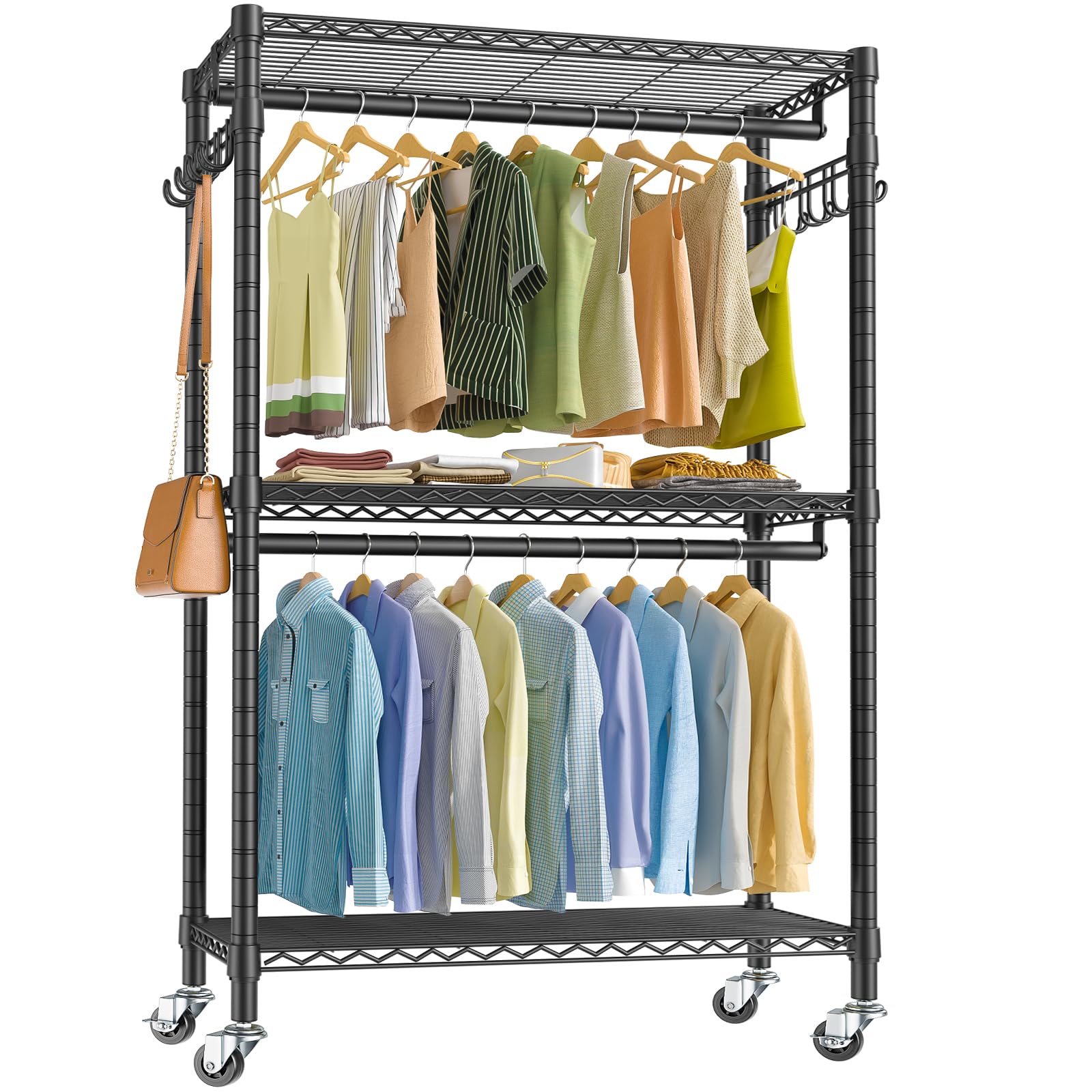 VIPEK V12 Heavy Duty Rolling Garment Rack 3 Tiers Adjustable Wire Shelving Clothes Rack with Double Rods and Side Hooks, Freesta