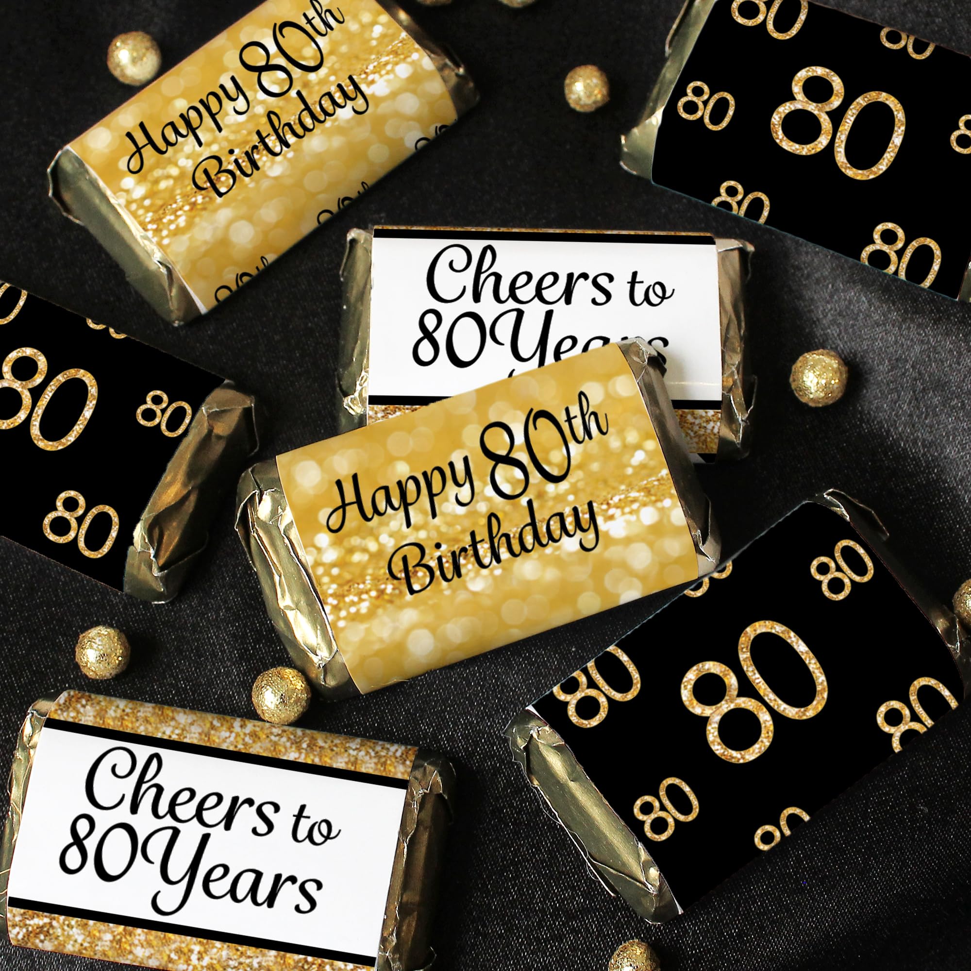 80Th Birthday Party Mini Candy Bar Wrappers - Black And Gold - 45 Stickers