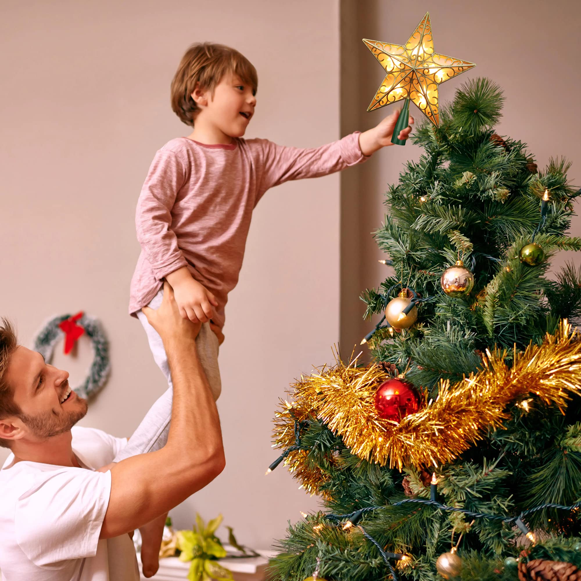 ODEERTONIC Gold Star Tree Topper, 8in Triple Layer Hollow-Out Star Tree Topper, 10 LED Warm White Christmas Tree Topper, Treetop