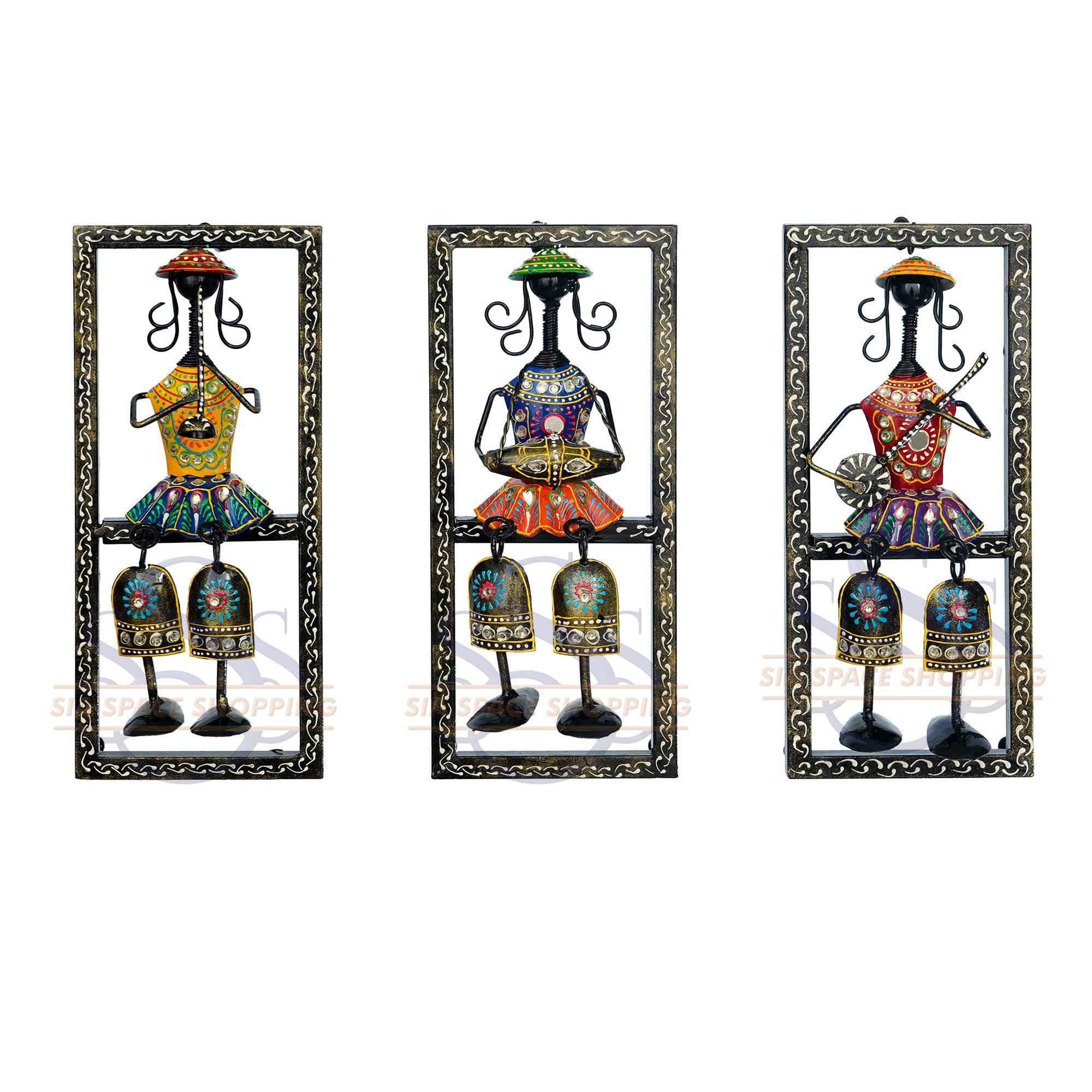 Sia Space Shopping Meatal Antique Finish With Kundan Work Decor Wall Hanging/ Mounted Framed Set Of 3 Rajasthani Musician With D