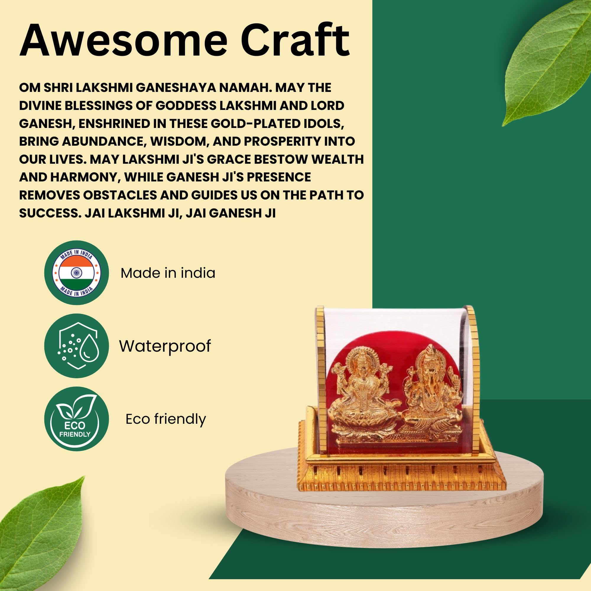 Awesome Craft Golden Lord Ganesh & Maa Lakshmi Acrylic Idol | Hindu God Ganpathi & Goddess Laxmi | Pooja Mandir | Car Dashboard