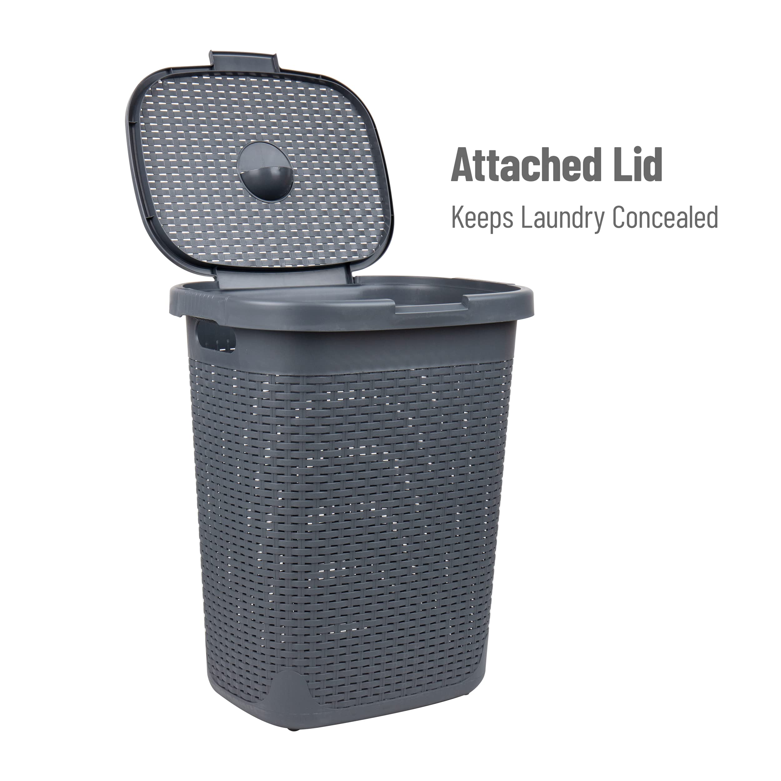 Mind Reader 50L Slim Laundry Hamper, Set Of 2, Clothes Basket, Lid, Wicker Design, Plastic, 17.65''L X 13.75''W X 21''H, Gray