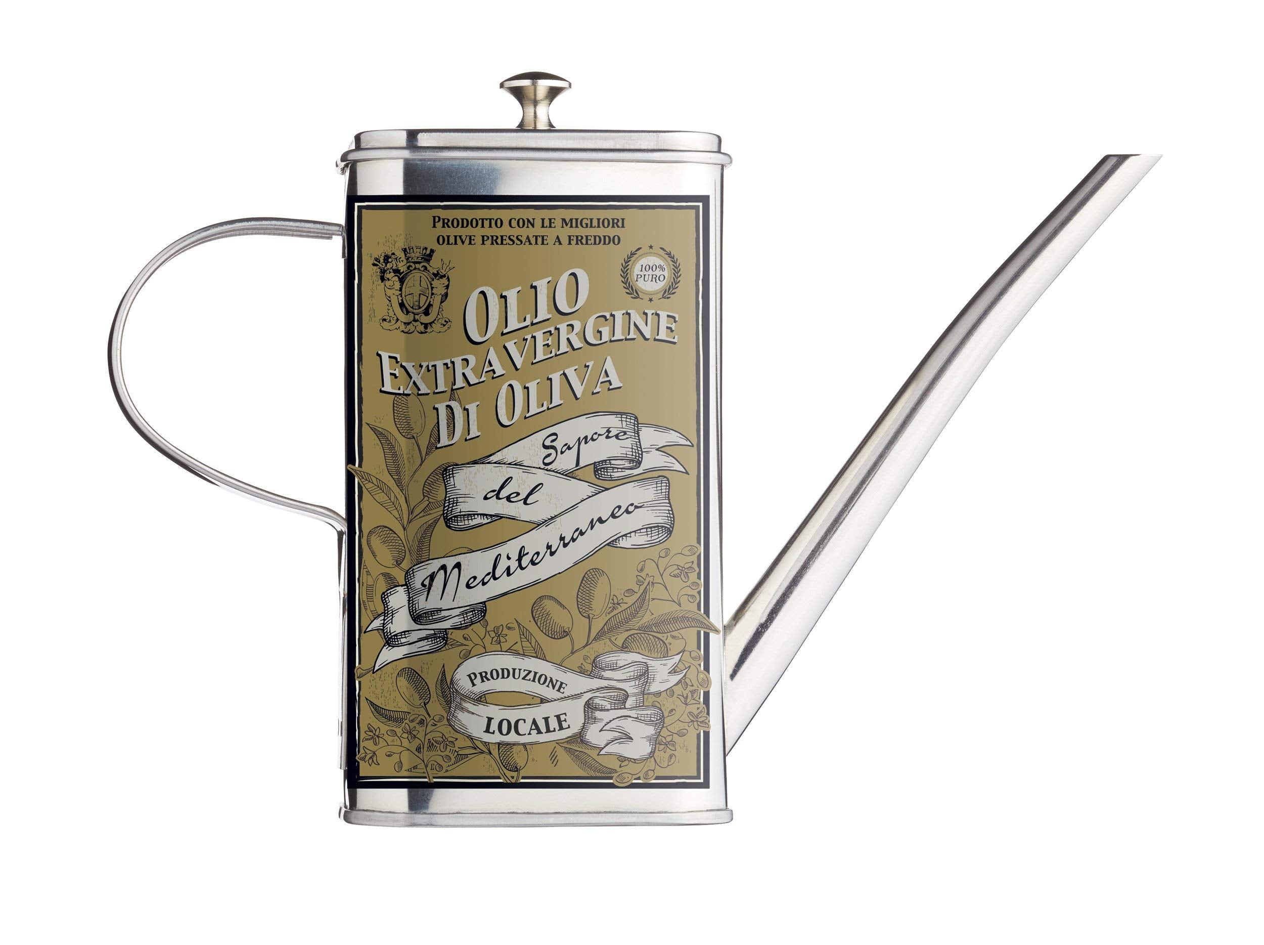 KitchenCraft World of Flavours Olive Oil Drizzler Can with Decorative Print, Stainless Steel, 500 ml