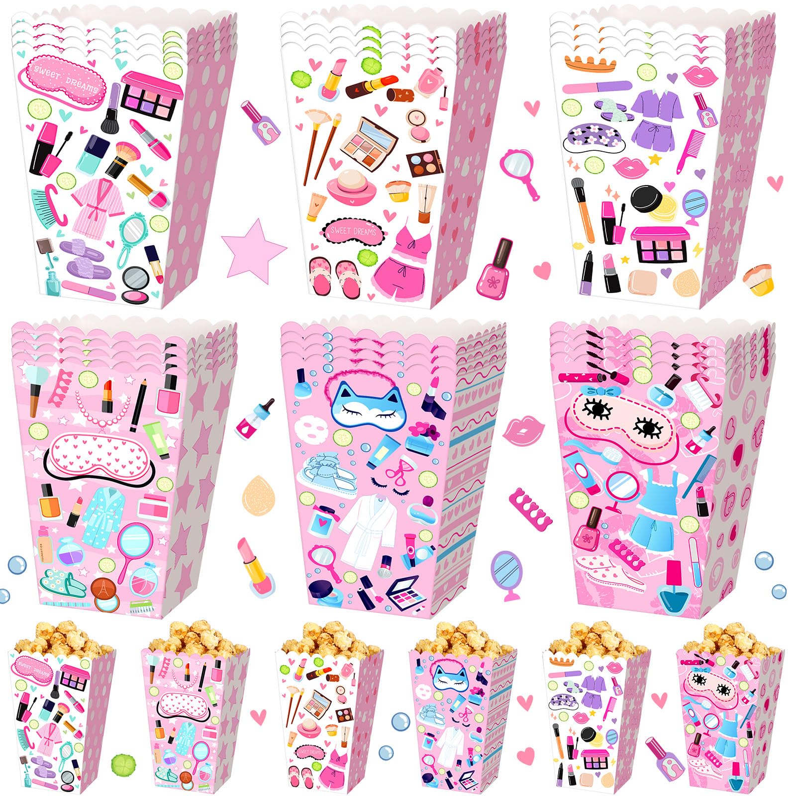 Gueevin 24 Pcs Sleepover Popcorn Boxes Women Makeup Spa Storage Holder Party Container for Birthday Gift Wedding Pajama Slumber 