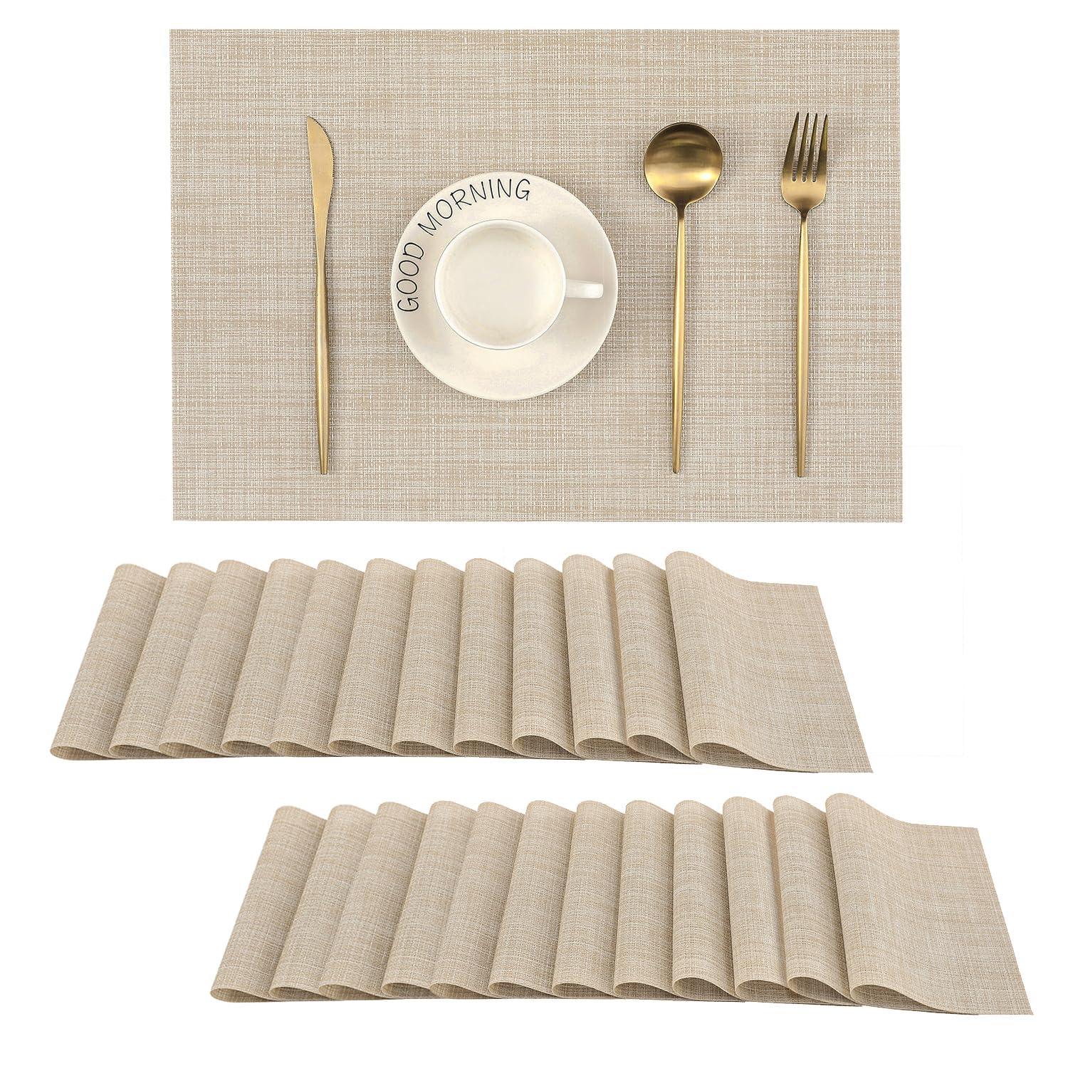 Leetaltree Beige Placemats Set Of 24 - Heat Resistant Non-Slip Place Mats For Dining Table, Washable Durable Pvc Vinyl Woven Tab