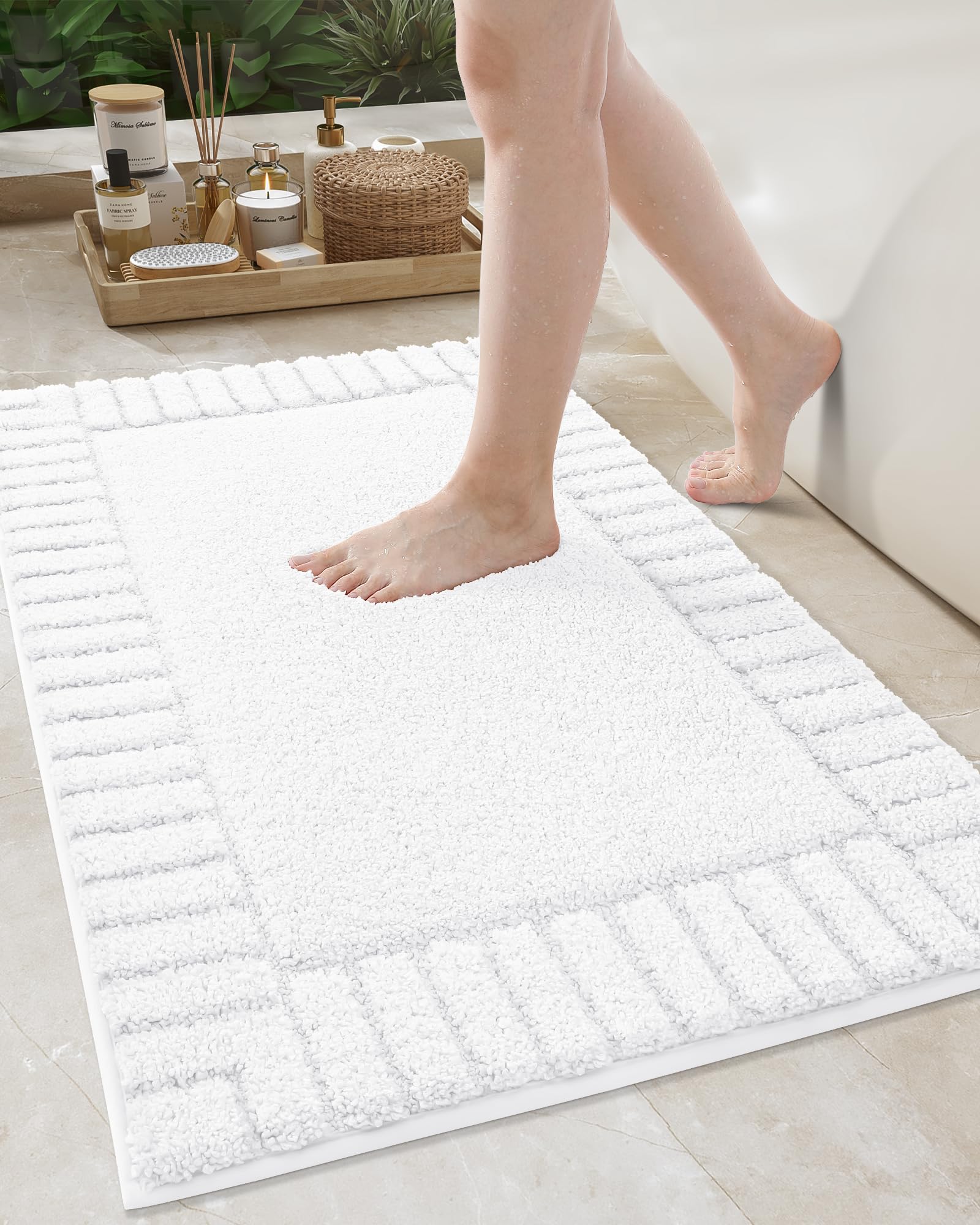 Color&Geometry Long White Bathroom Runner Rug- 24''X43'' Absorbent Bath Rugs Non Slip Washable, Soft Bath Mats For Bathroom Floo