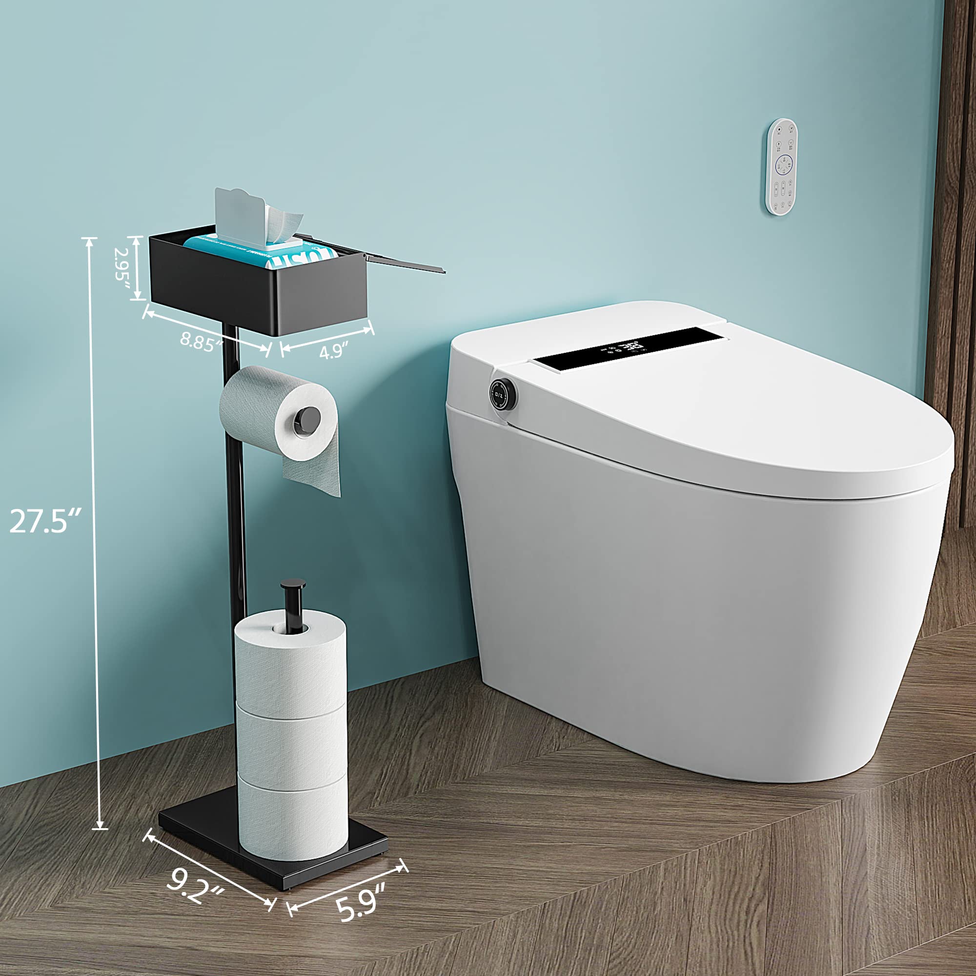 CISILY Black Toilet Paper Holder Stand with Storage Shelf  Free Standing Toilet Paper Roll Holders  Bathroom Toliet Tissue Holder Accessories Essentials