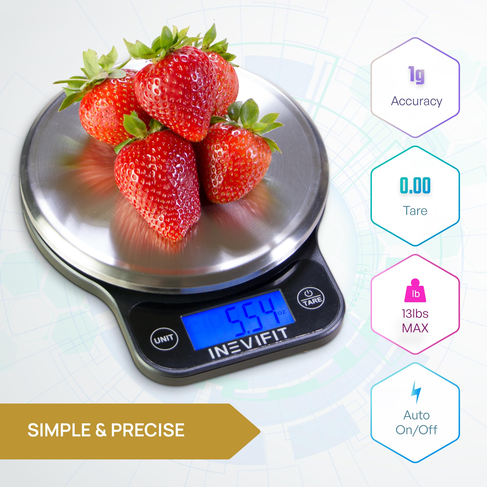 Inevifit Digital Kitchen Scale, Highly Accurate Multifunction Food Scale 13 Lbs 6Kgs Max, Clean Modern Black With Premium Stainl