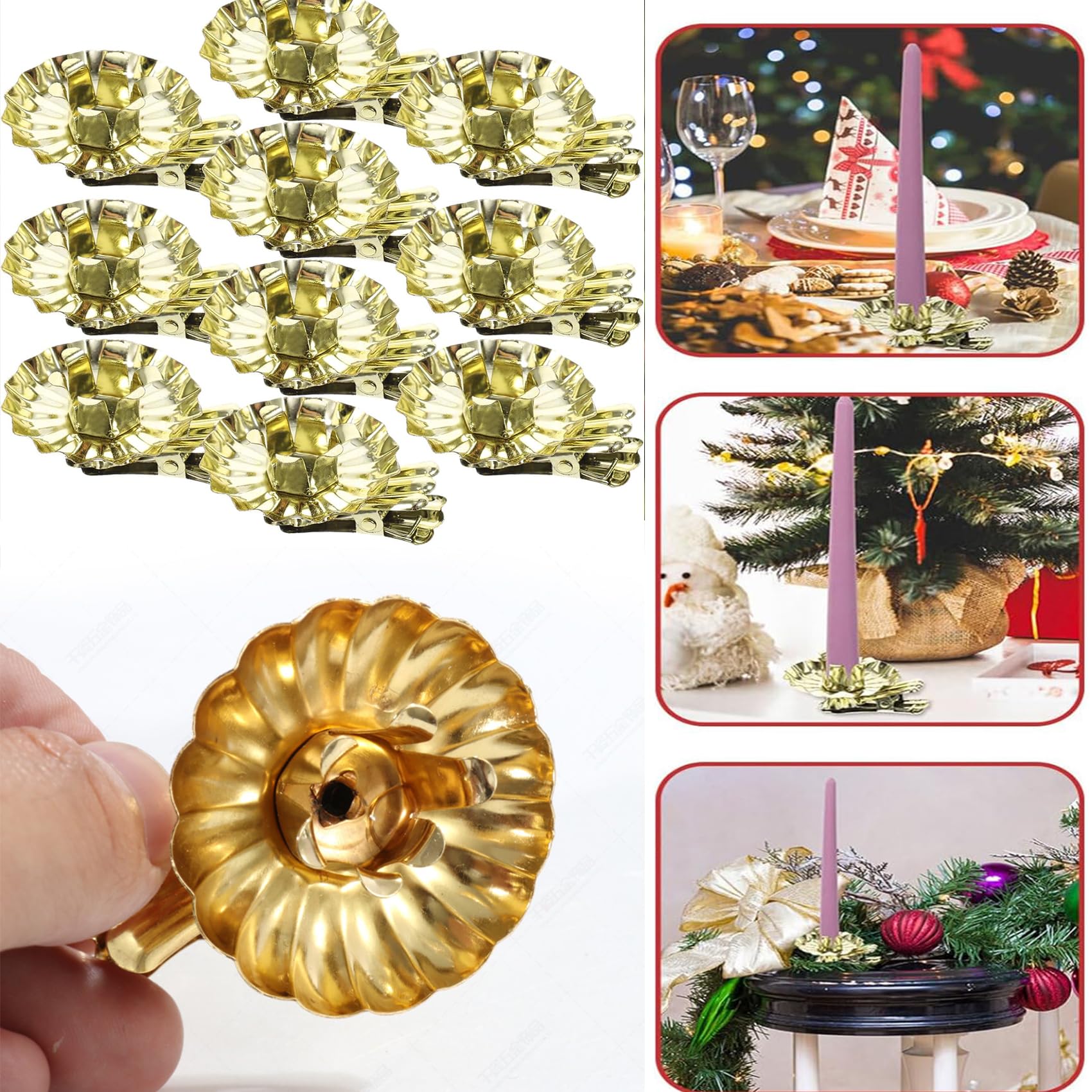 UCSAJI Candle Holders 20PCS Gold Flower-Shaped Metal Clip-On Candle Holders for Christmas Tree, Birthday, and Mother's Day Decor