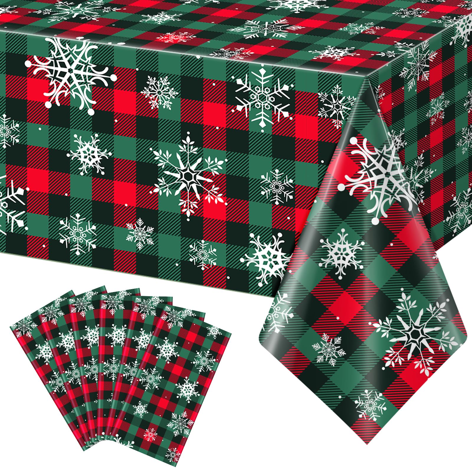 6Pcs Christmas Buffalo Plaid Snowflake Party Tablecloths Decorations,Plastic Red and Green Checkered Rectangle Table Cover for W
