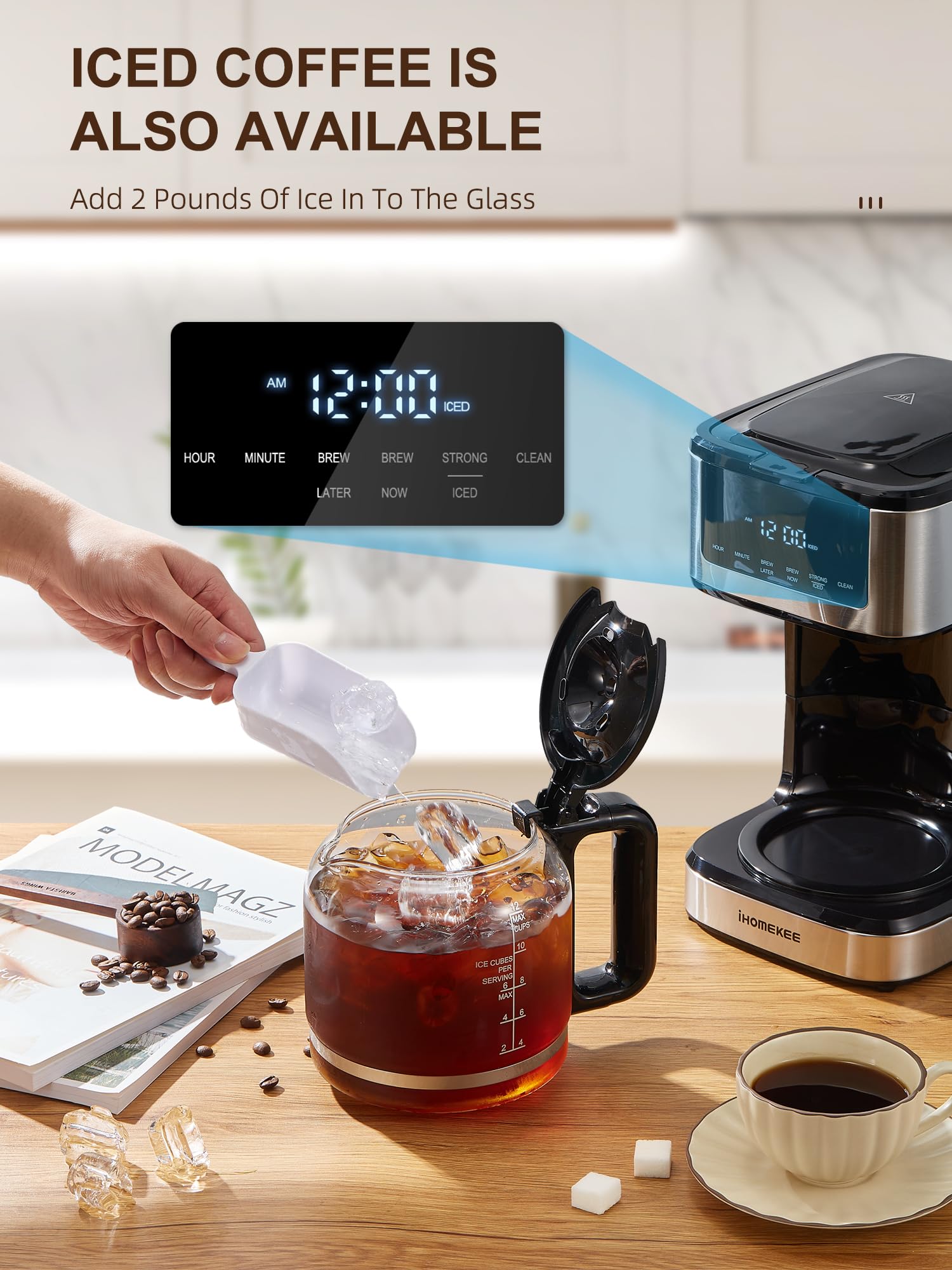 Ihomekee 12-Cup Programmable Drip Coffee Maker, Black, Stainless Steel, Touch Screen, Iced Coffee Function, Model CM9428C