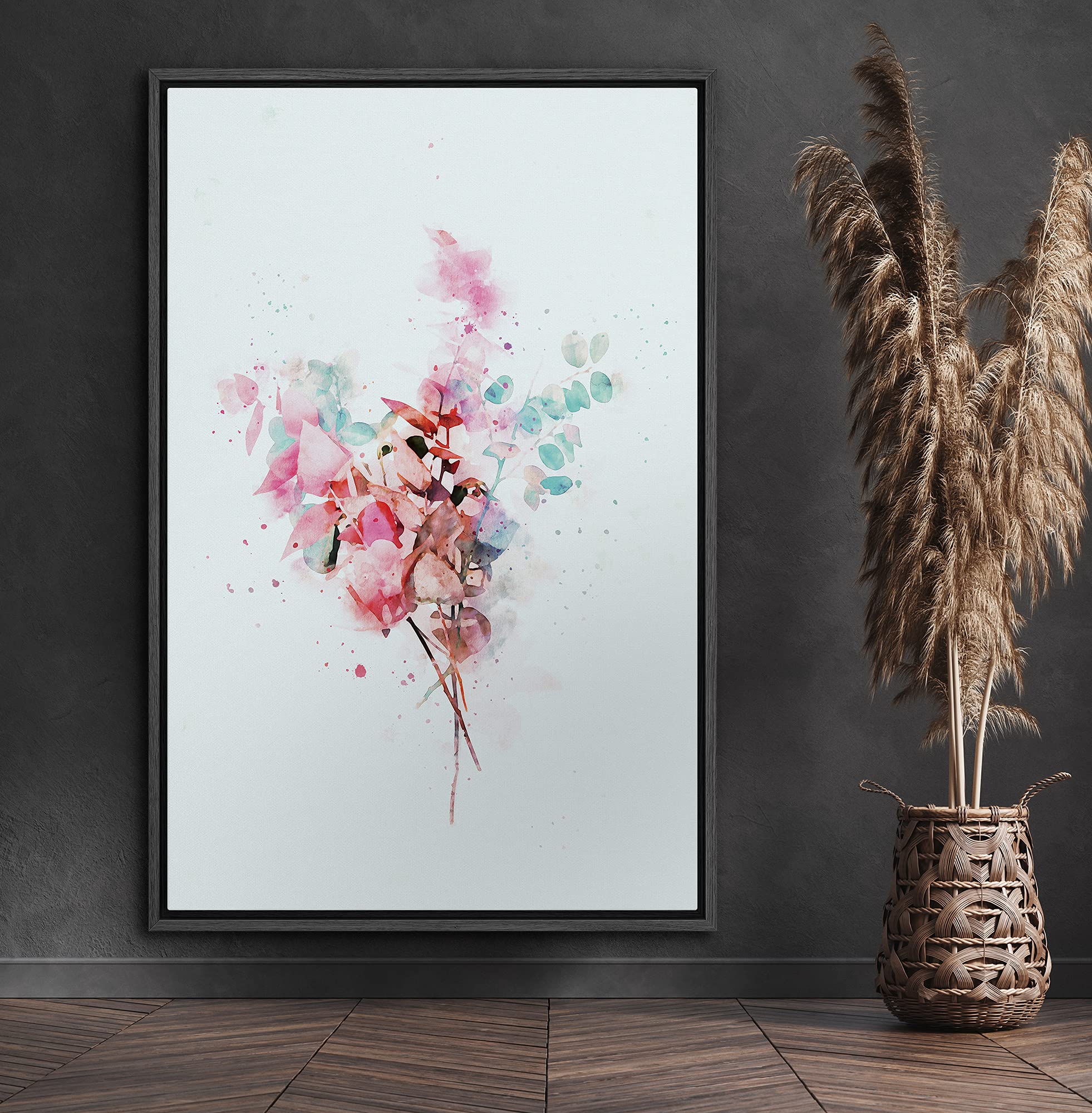 Signford Framed Canvas Print Wall Art Watercolor Pink Flowers Nature Wilderness Illustrations Modern Art Contemporary Relax/Calm