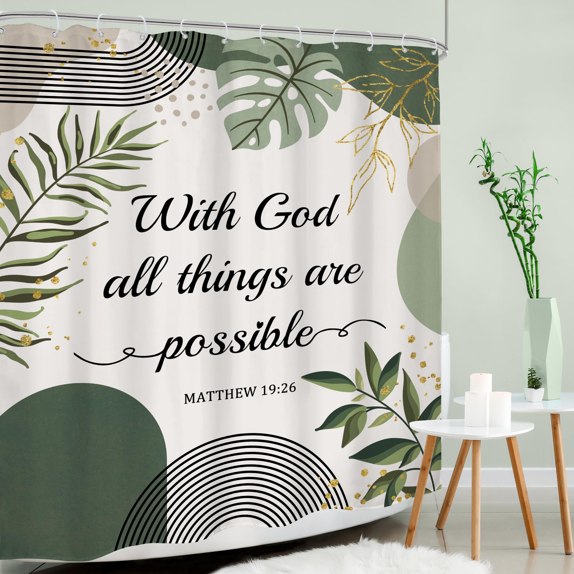 Mitpok Bible Verse Scriptures Christian Shower Curtain Sage Green Boho Mid Century Modern Abstract Quotes Gold Leaves 60Wx72H Ba