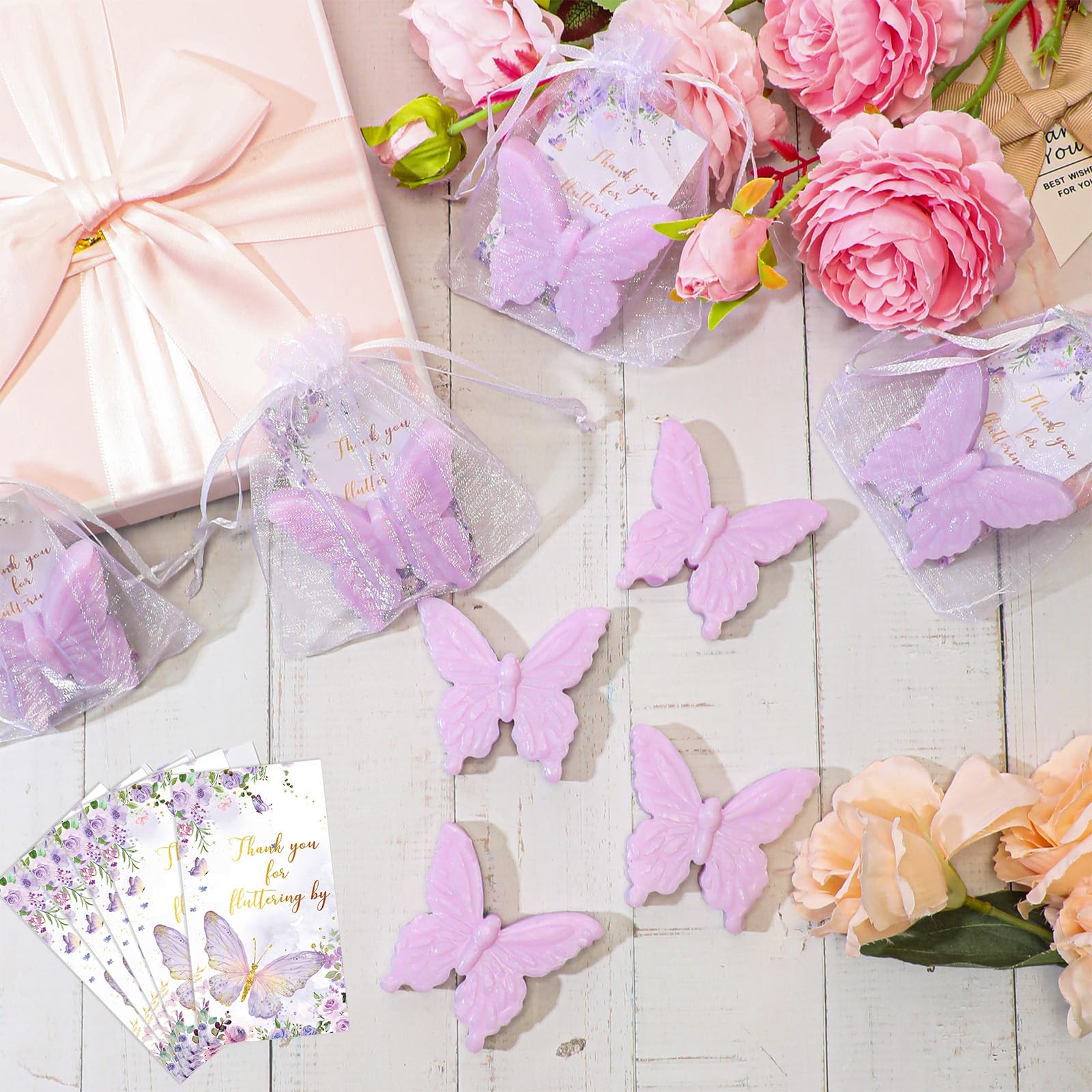 Dunzy 50 Set Butterfly Theme Baby Shower Favors For Guests Butterfly Soap Favors With Thanks You Cards Gift Bags Gender Reveal B