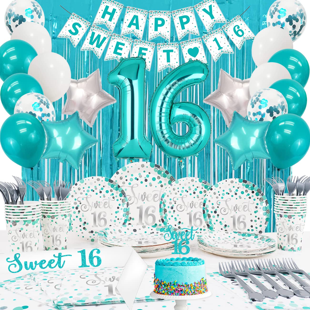 Sweet 16 Party Decorations- Teal Sweet 16 Plates And Napkins Party Supplies For 20 Guests,Teal Blue Balloons,Sweet 16 Birthday S