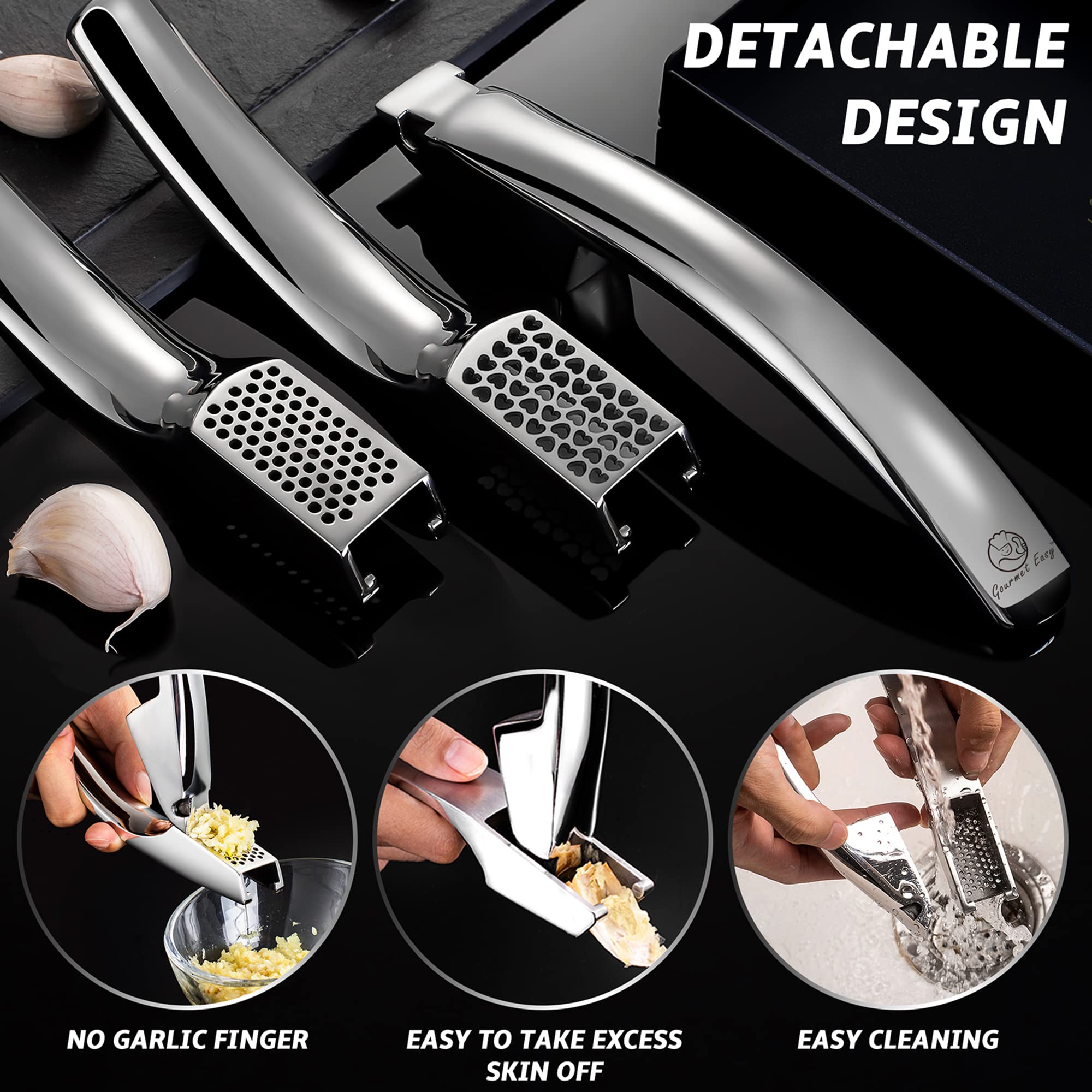 Garlic Press Stainless Steel - No Need To Peel Garlic Mincer Combo for Fine and Coarse Mince - Garlic Crusher - Easy Cleaning- Garlic Presser + Masher - 5 Year Warranty