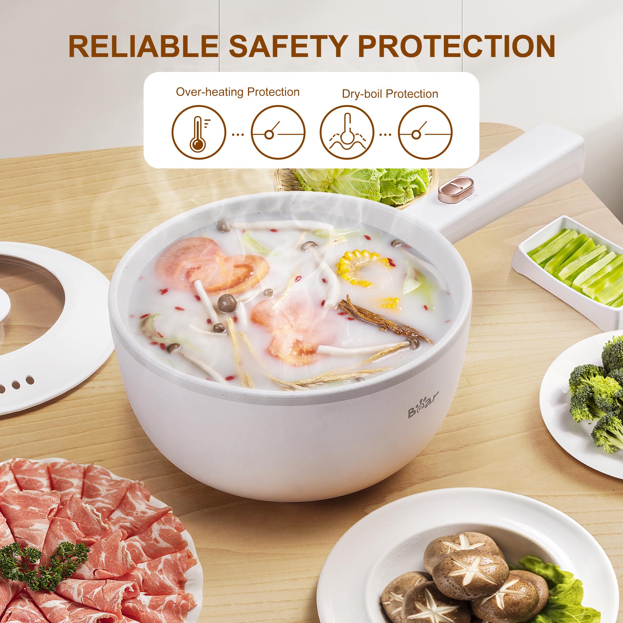 Bear Hot Pot Electric  2L Multifunctional Portable Pot for Cooking  1000W Rapid Noodles Electric Pot  Non-Stick Frying Pans for Steak  Egg  Ramen  Oatmeal with Dual Power Adjustment