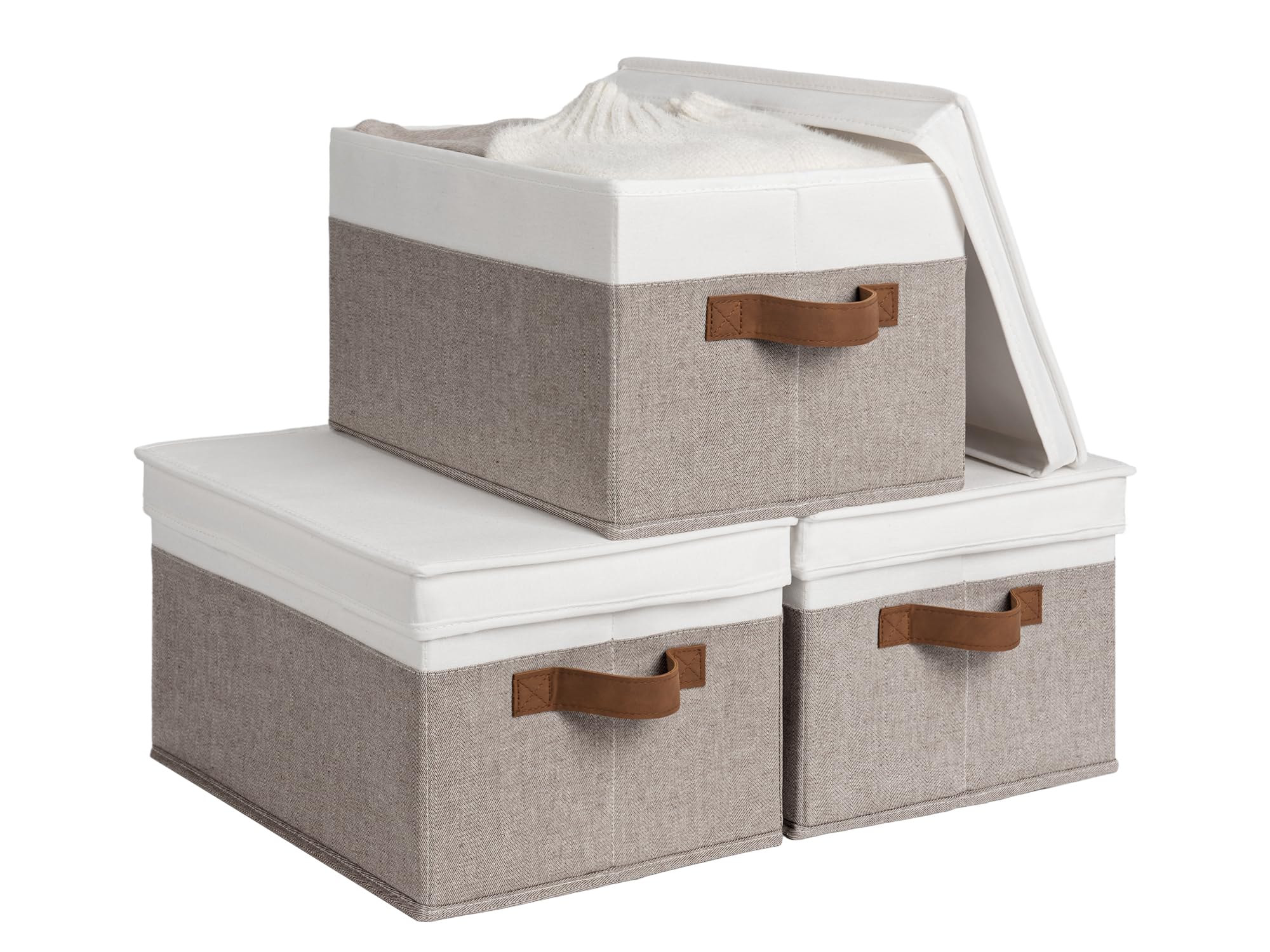 Storageworks Multipurpose Storage Bins With Lids, Foldable Closet Storage Basket With Pu Sewn Handles, Decorative Storage Boxes,