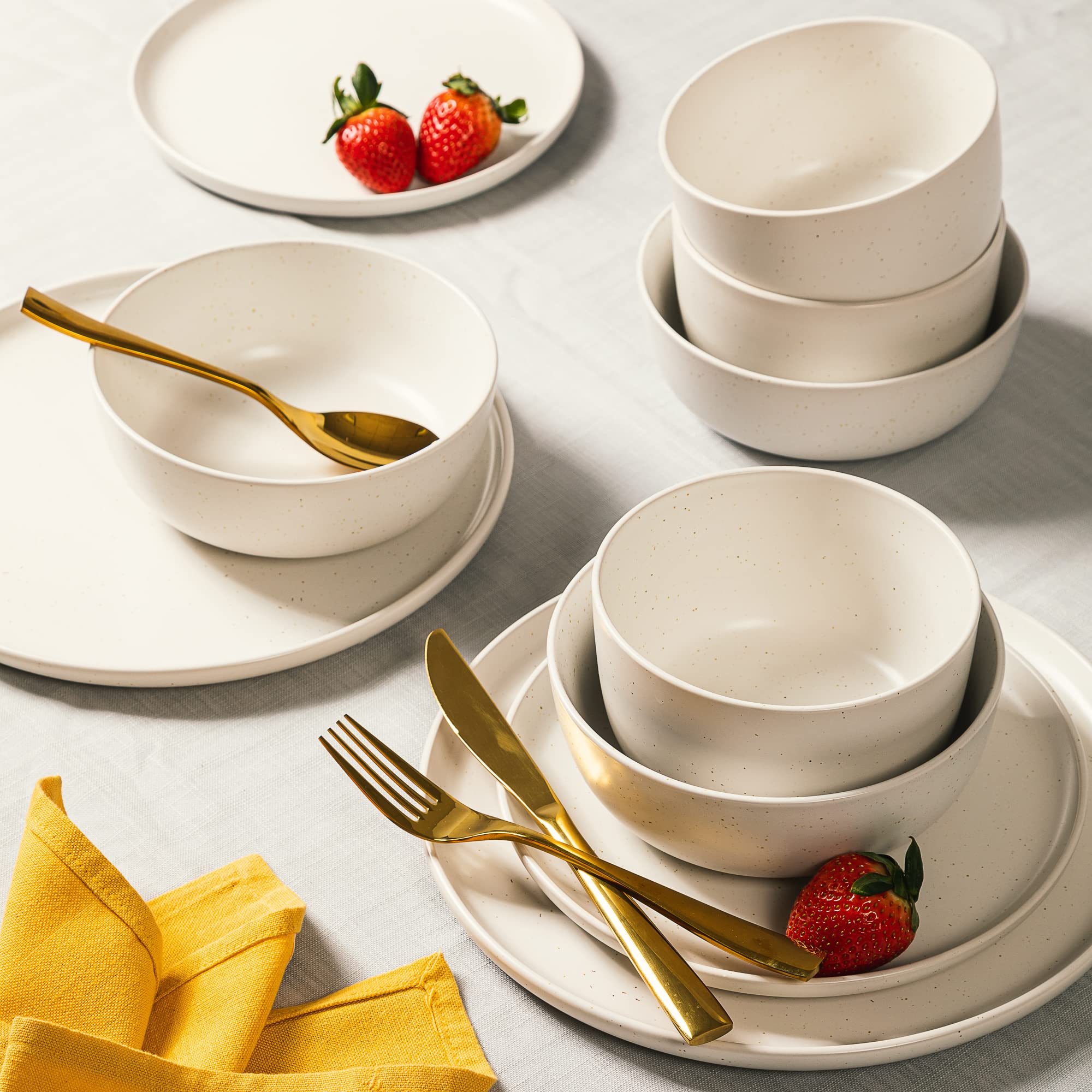 Gibson Elite James Street Stoneware Matte Reactive Double Bowl Dinnerware Set - Sea Salt White, Service For 4 (16Pcs)