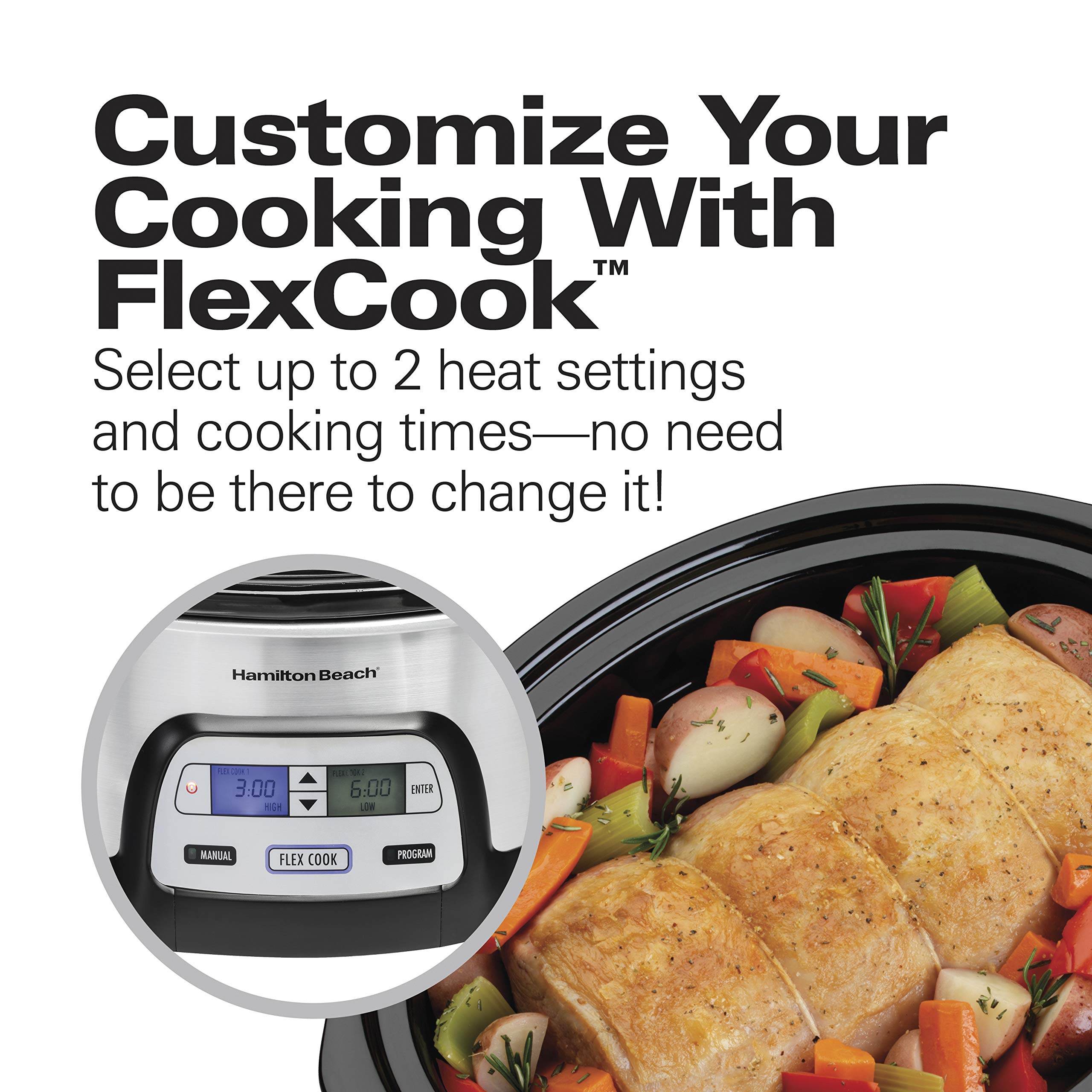 Hamilton Beach 33861 Portable Programmable Slow Cooker, Dishwasher Safe Crock, 6 Qt, Flexcook Dual Digital Timer/2 Heat Settings