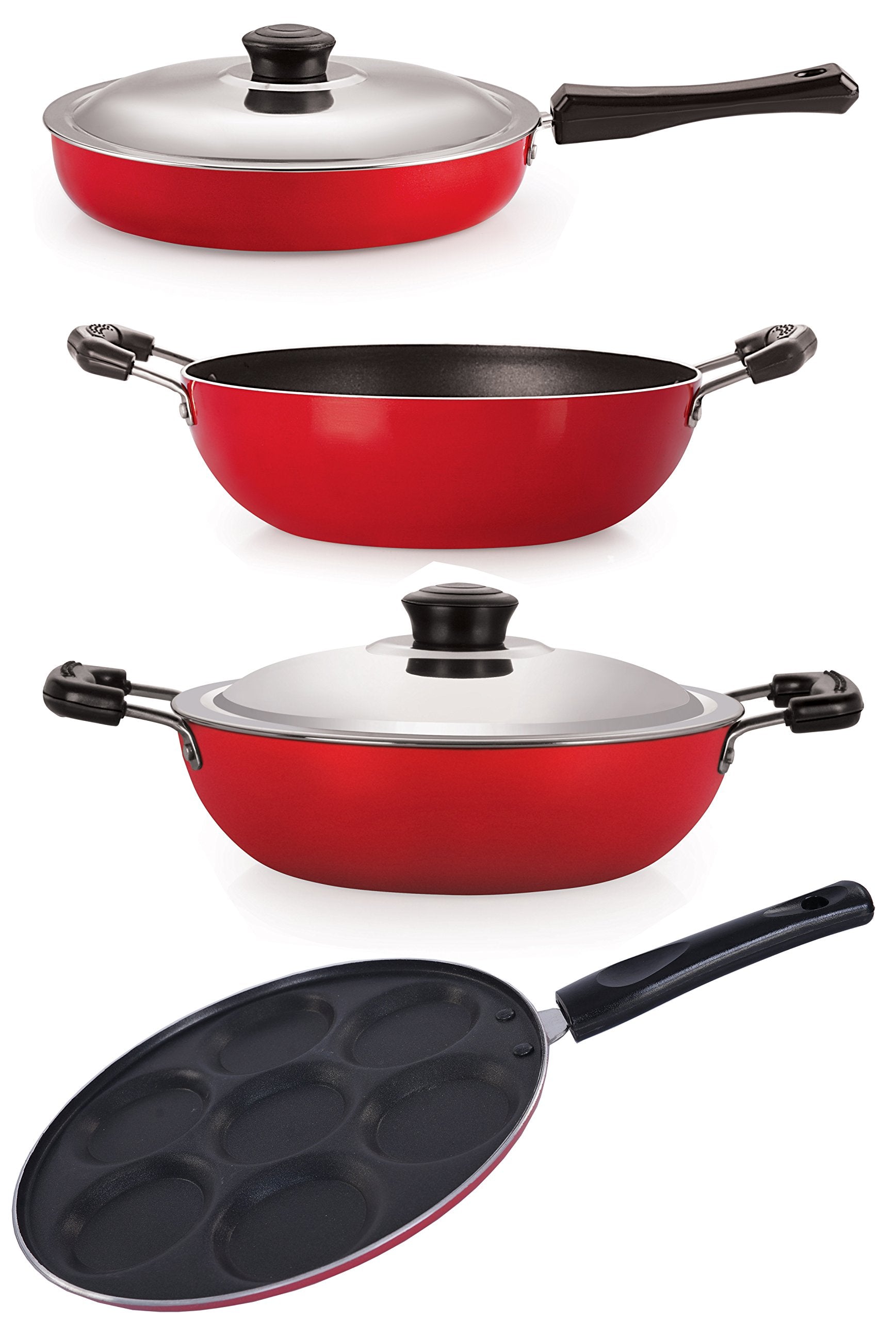 Nirlon NonStick Aluminium Cookware Set, 4Pieces, Red (26_Fp12_Kd12_Dkdm_Up)