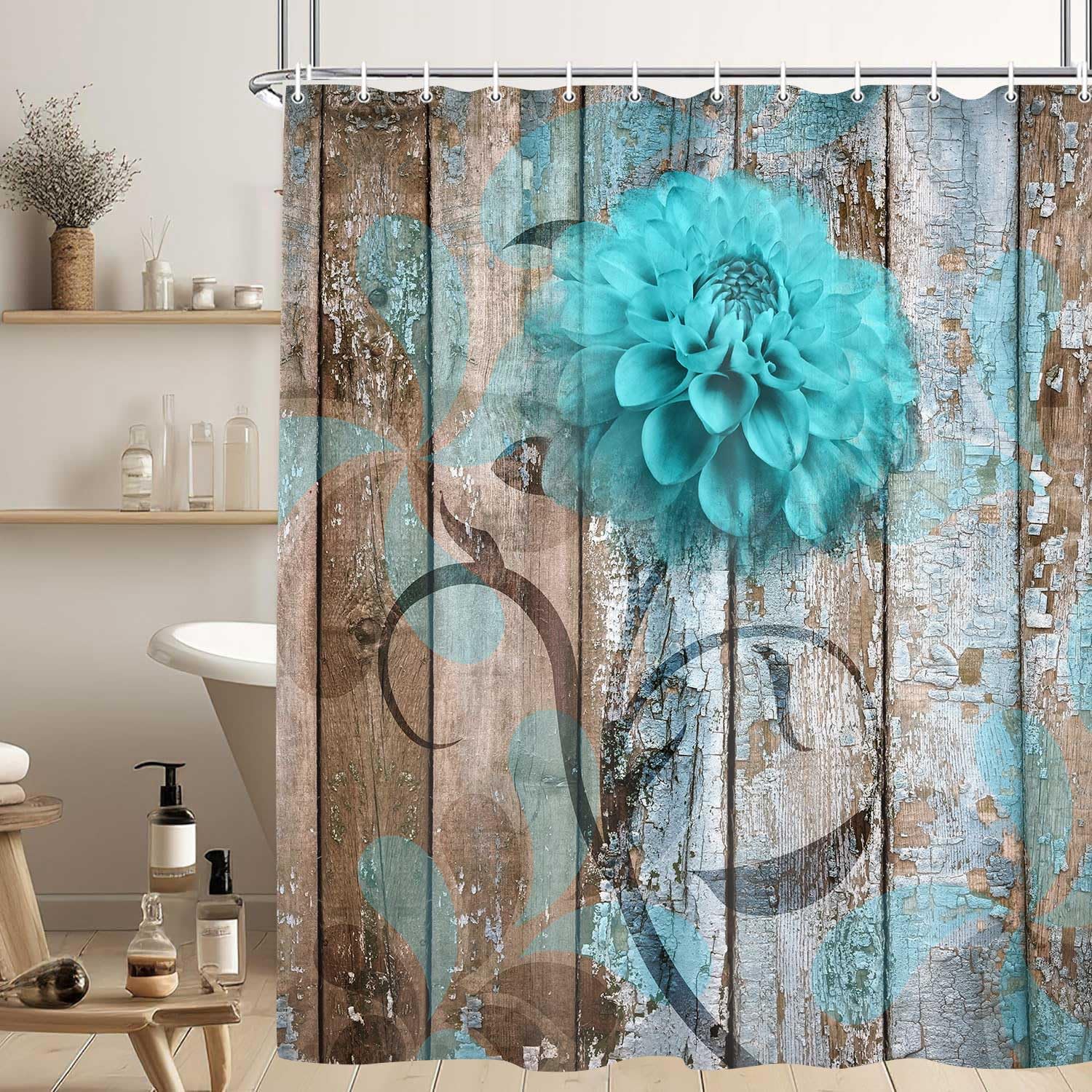 Jawo Farmhouse Flower Floral Shower Curtain, Rustic Teal Turquoise Dahlia Shower Curtain Set, Country Blue Wild Garden Plant Fab