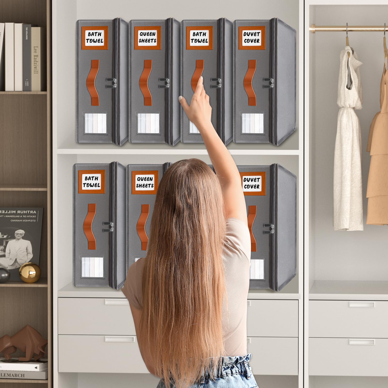 8 Pack Sheet Organizers and Storage (King & Queen Size), Foldable Linen Closet Bed Sheet Organizer with Window, Folding Bedding