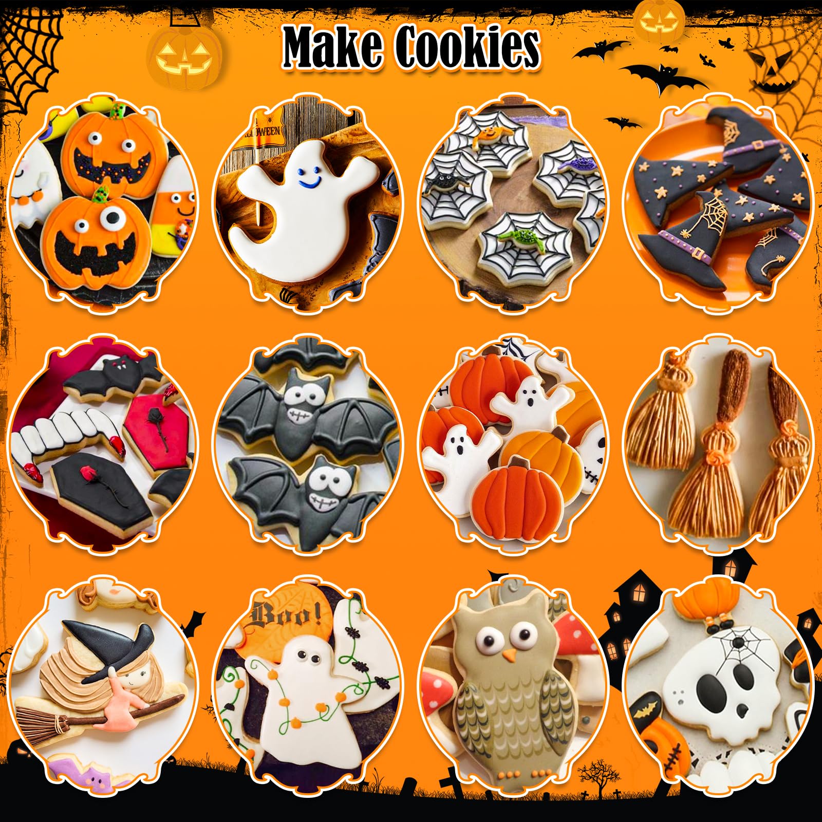 18 Pcs Halloween Cookie Cutters Set, Bat Cookie Cutter Ghost Cookie Cutter Shapes, Bat Skull Tooth Witch Ghost Cat Pumpkin Spide
