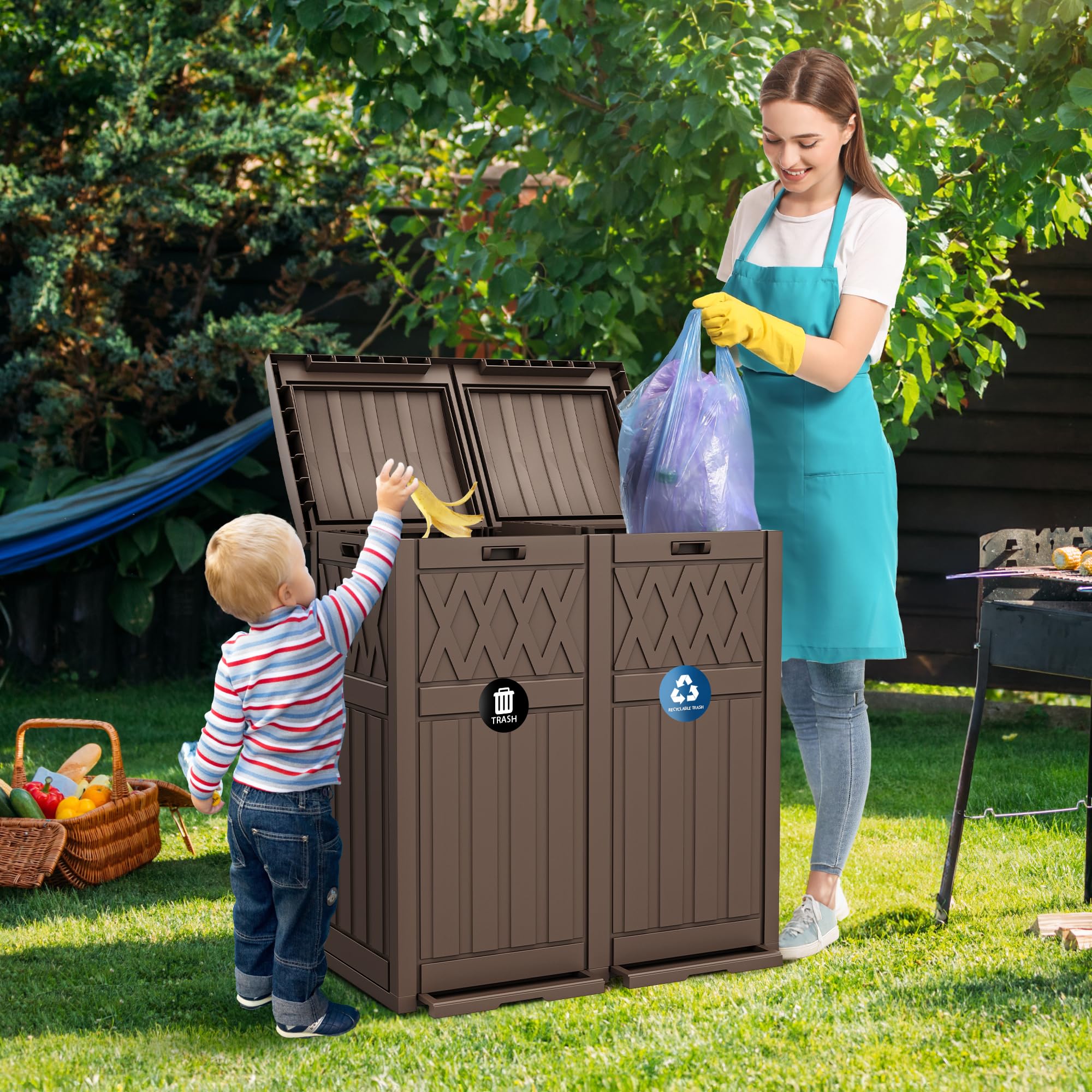 Dwvo 66 Gallon Double-Bin Outdoor Trash Can, Waterproof Resin Garbage Can With Tiered Lid And Drip Tray For Patio, Kitchen, Deck