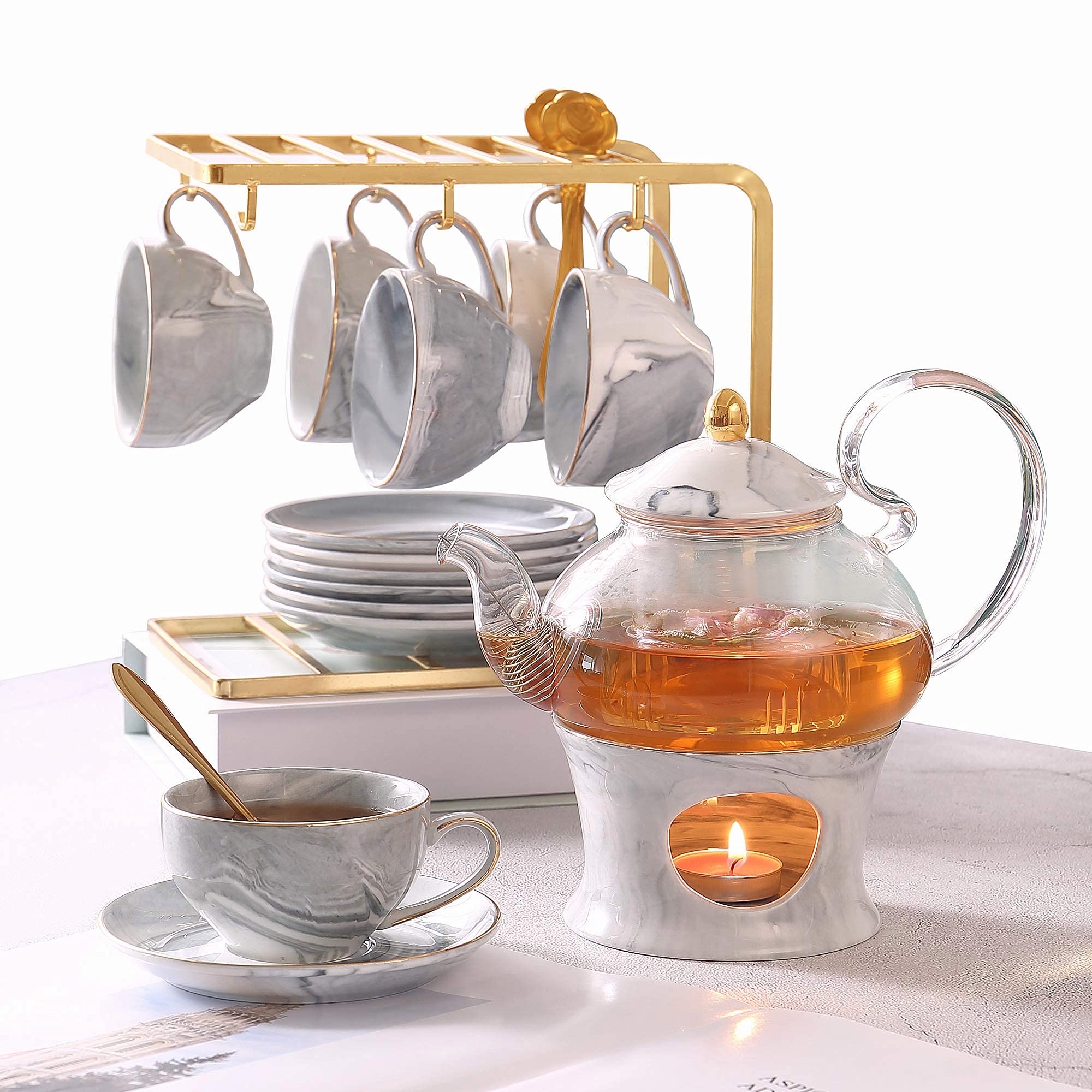 Dujust 21 Pcs Small Tea Set Of 6, Gray Marble Texture With Handcraft Golden Trim, Fine Porcelain Tea Pot Set For Kids&Adults, 1