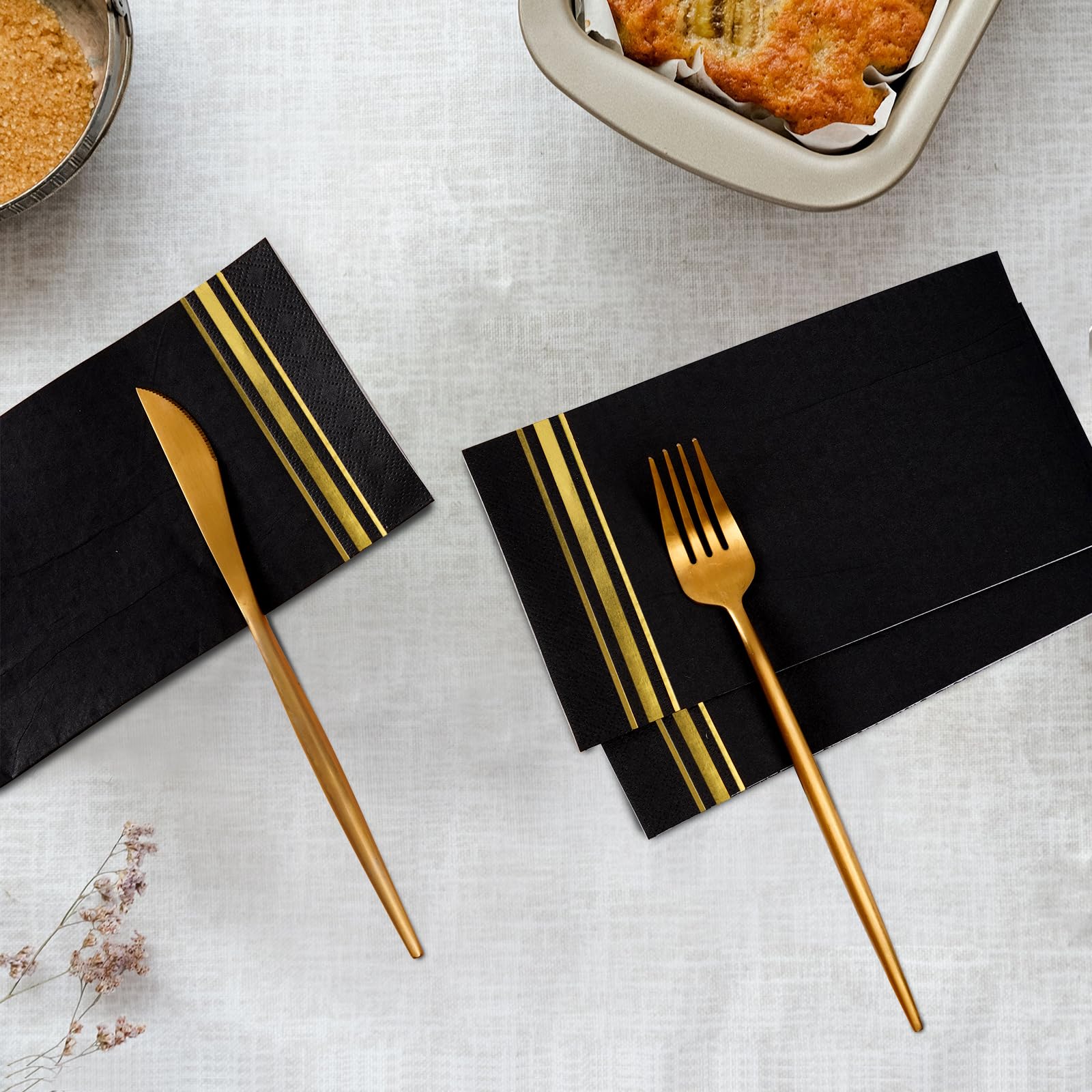 100 Gold Trim Lined Paper Napkins Black Elegant Dinner Napkins, 3 Ply Gold Foil Guest Napkins Disposable Hand Towels For Bathroo